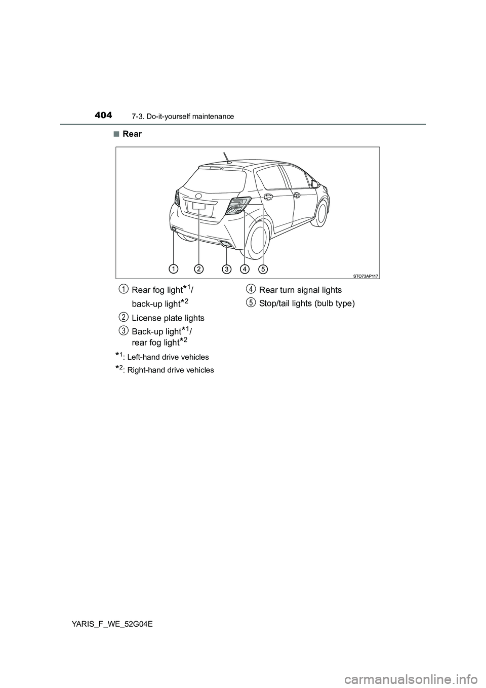 TOYOTA YARIS HATCHBACK 2015  Owners Manual 4047-3. Do-it-yourself maintenance
YARIS_F_WE_52G04E 
■Rear
*1: Left-hand drive vehicles
*2: Right-hand drive vehicles
Rear fog light*1/ 
back-up light*2
License plate lights 
Back-up light*1/ 
rear
