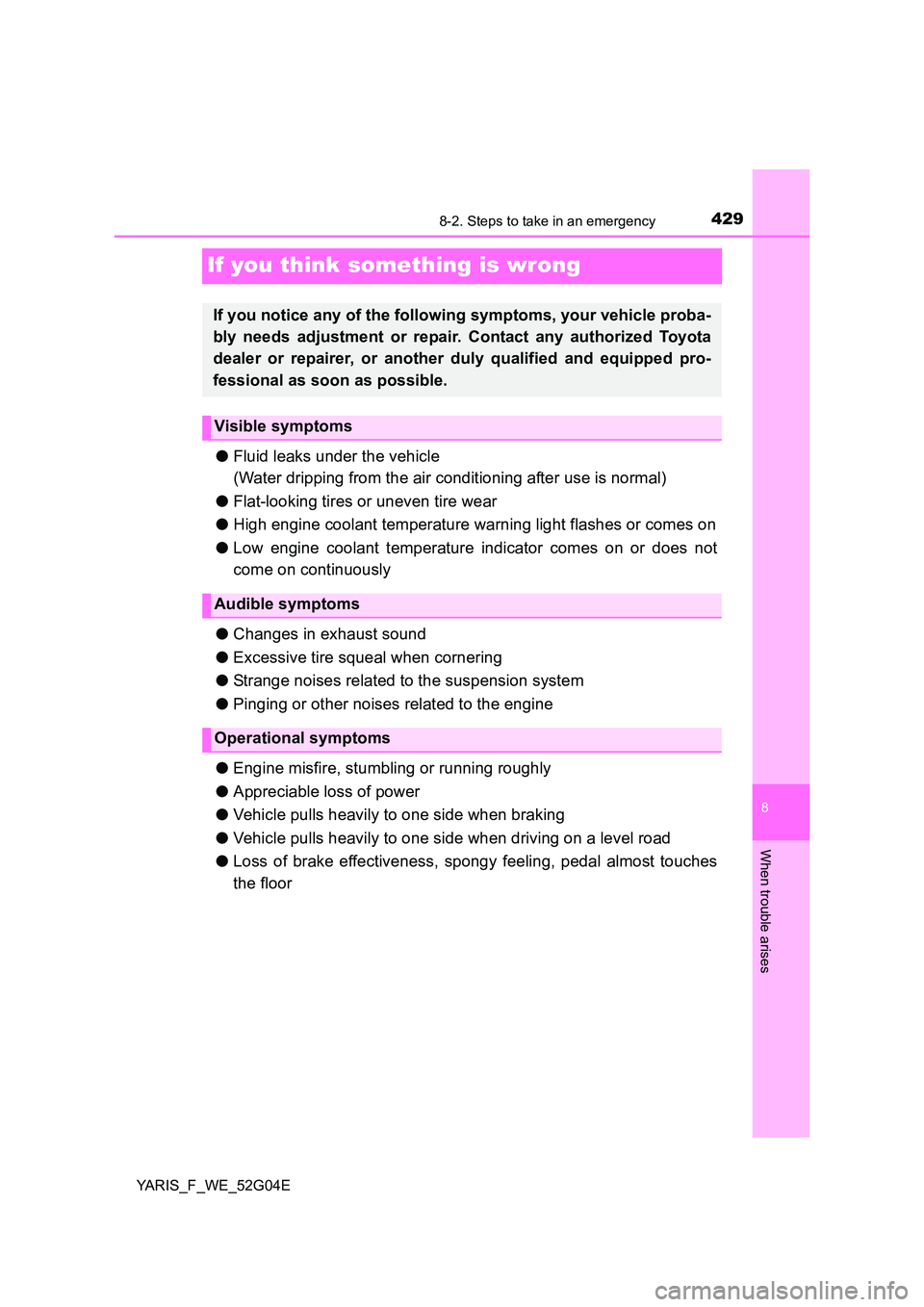 TOYOTA YARIS HATCHBACK 2015 Owners Manual 4298-2. Steps to take in an emergency
8
When trouble arises
YARIS_F_WE_52G04E
If you think something is wrong
●Fluid leaks under the vehicle
(Water dripping from the air conditioning after use is n TOYOTA YARIS HATCHBACK 2015 Owners Manual 4298-2. Steps to take in an emergency
8
When trouble arises
YARIS_F_WE_52G04E
If you think something is wrong
●Fluid leaks under the vehicle
(Water dripping from the air conditioning after use is n