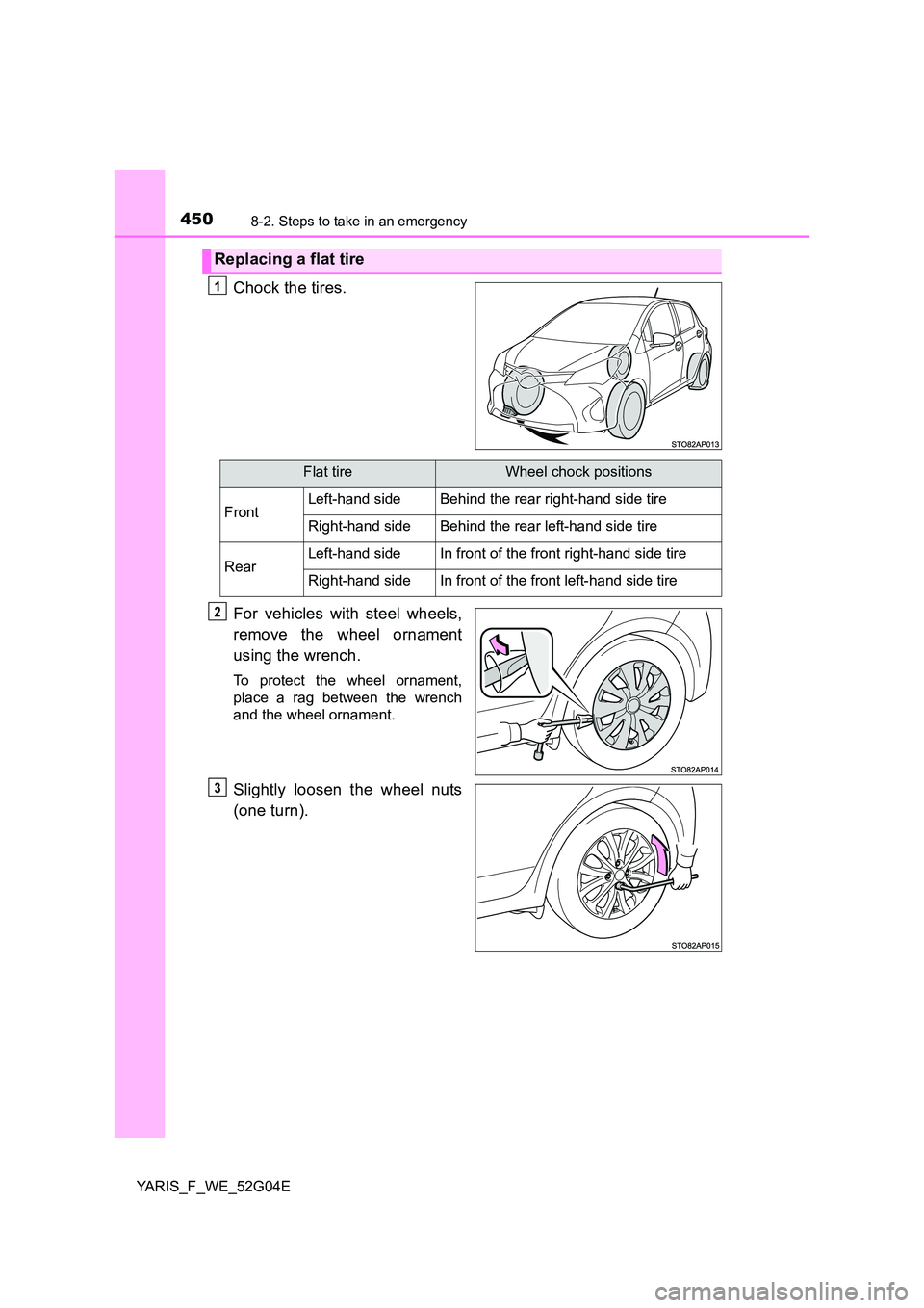 TOYOTA YARIS HATCHBACK 2015 Owners Manual 4508-2. Steps to take in an emergency
YARIS_F_WE_52G04E
Chock the tires.
For vehicles with steel wheels,
remove the wheel ornament
using the wrench.
To protect the wheel ornament,
place a rag betw TOYOTA YARIS HATCHBACK 2015 Owners Manual 4508-2. Steps to take in an emergency
YARIS_F_WE_52G04E
Chock the tires.
For vehicles with steel wheels,
remove the wheel ornament
using the wrench.
To protect the wheel ornament,
place a rag betw