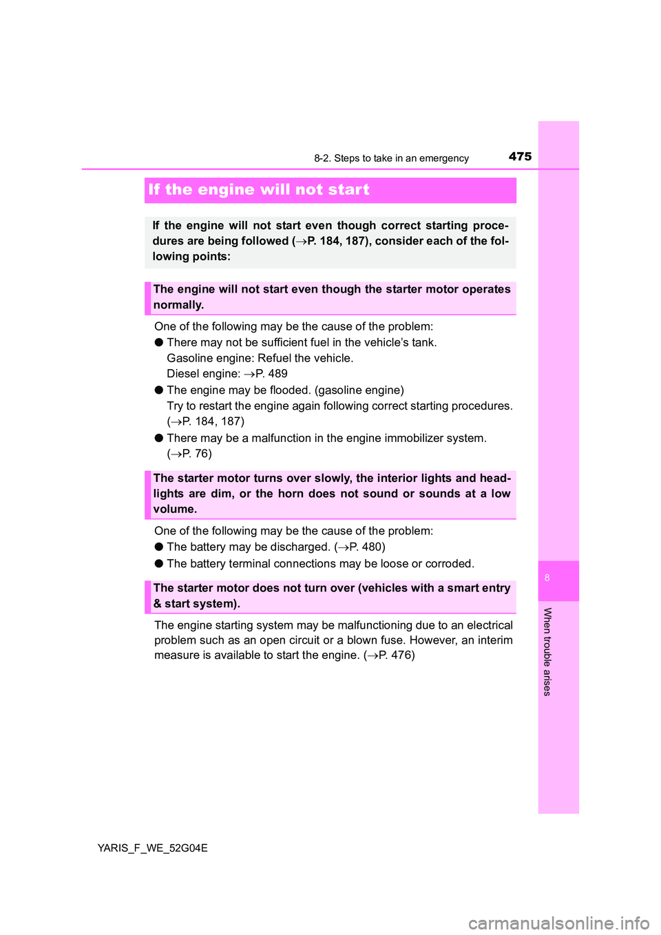 TOYOTA YARIS HATCHBACK 2015 Owners Manual 4758-2. Steps to take in an emergency
8
When trouble arises
YARIS_F_WE_52G04E
If the engine will not star t
One of the following may be the cause of the problem:
● There may not be sufficient fuel TOYOTA YARIS HATCHBACK 2015 Owners Manual 4758-2. Steps to take in an emergency
8
When trouble arises
YARIS_F_WE_52G04E
If the engine will not star t
One of the following may be the cause of the problem:
● There may not be sufficient fuel