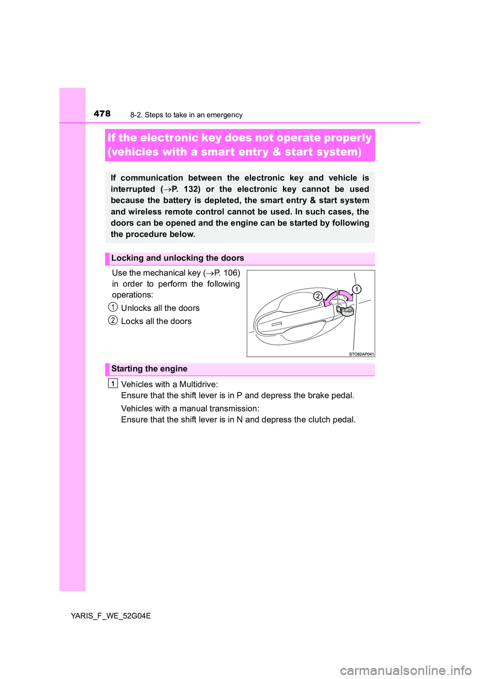TOYOTA YARIS HATCHBACK 2015 Owners Manual 4788-2. Steps to take in an emergency
YARIS_F_WE_52G04E
If the electronic key does not operate properly
(vehicles with a smart entr y & start system)
Use the mechanical key ( P. 106)
in order to TOYOTA YARIS HATCHBACK 2015 Owners Manual 4788-2. Steps to take in an emergency
YARIS_F_WE_52G04E
If the electronic key does not operate properly
(vehicles with a smart entr y & start system)
Use the mechanical key ( P. 106)
in order to