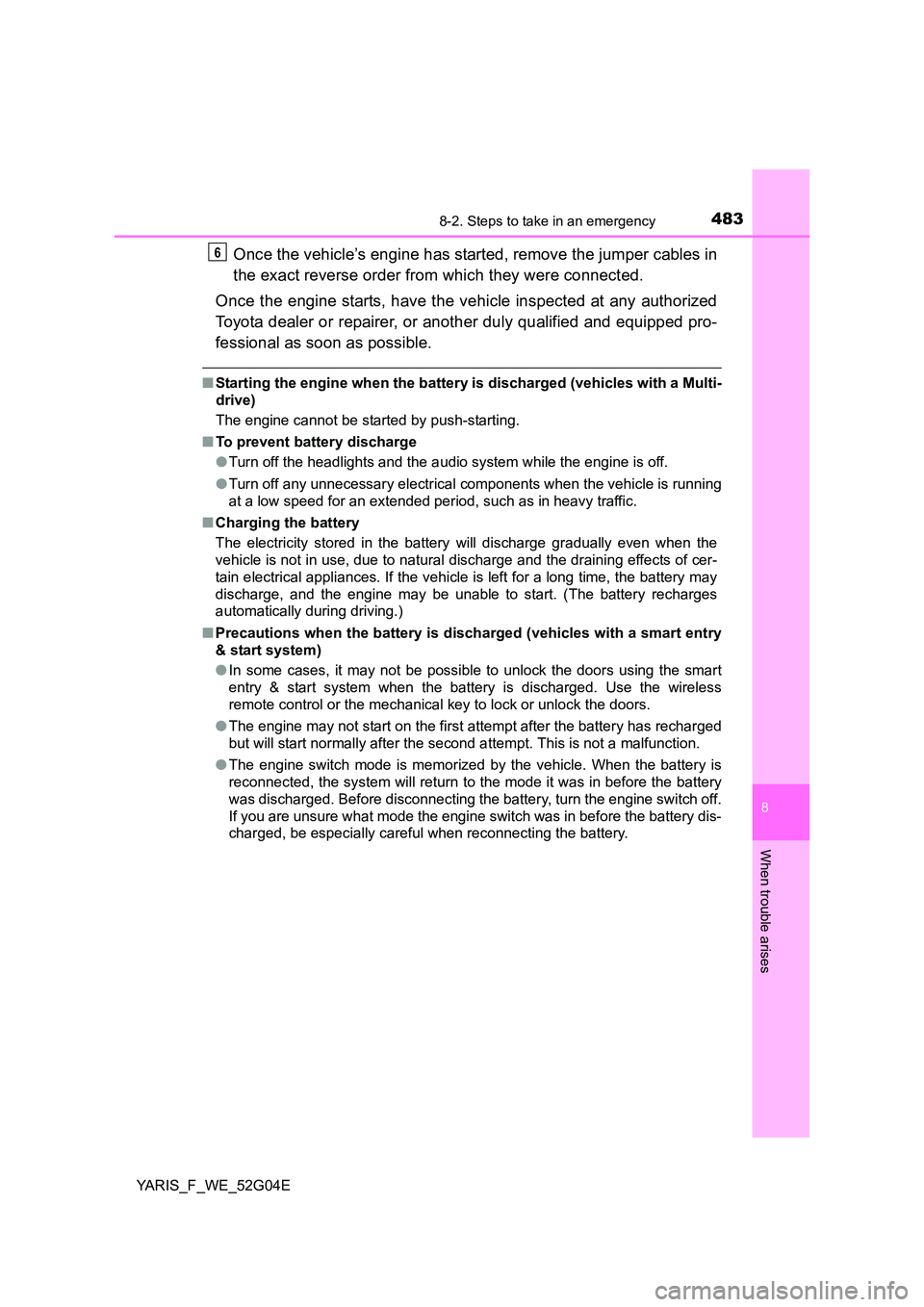 TOYOTA YARIS HATCHBACK 2015 Owners Manual 4838-2. Steps to take in an emergency
8
When trouble arises
YARIS_F_WE_52G04E
Once the vehicle’s engine has started, remove the jumper cables in
the exact reverse order from which they were connect TOYOTA YARIS HATCHBACK 2015 Owners Manual 4838-2. Steps to take in an emergency
8
When trouble arises
YARIS_F_WE_52G04E
Once the vehicle’s engine has started, remove the jumper cables in
the exact reverse order from which they were connect