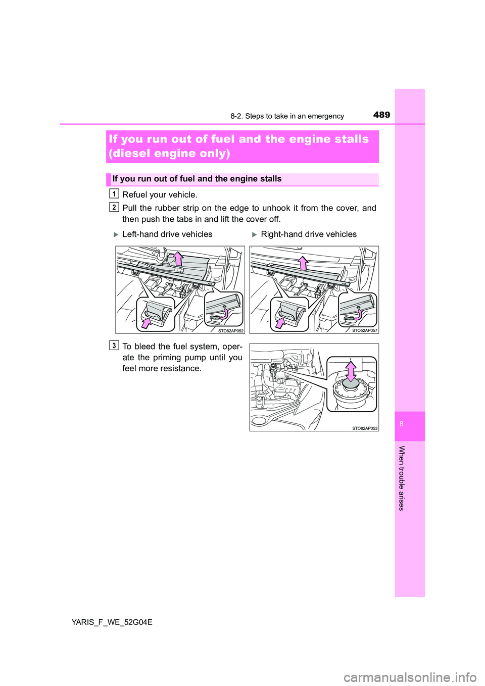 TOYOTA YARIS HATCHBACK 2015 Owners Manual 4898-2. Steps to take in an emergency
8
When trouble arises
YARIS_F_WE_52G04E
If you run out of fuel and the engine stalls
(diesel engine only)
Refuel your vehicle.
Pull the rubber strip on the edg TOYOTA YARIS HATCHBACK 2015 Owners Manual 4898-2. Steps to take in an emergency
8
When trouble arises
YARIS_F_WE_52G04E
If you run out of fuel and the engine stalls
(diesel engine only)
Refuel your vehicle.
Pull the rubber strip on the edg