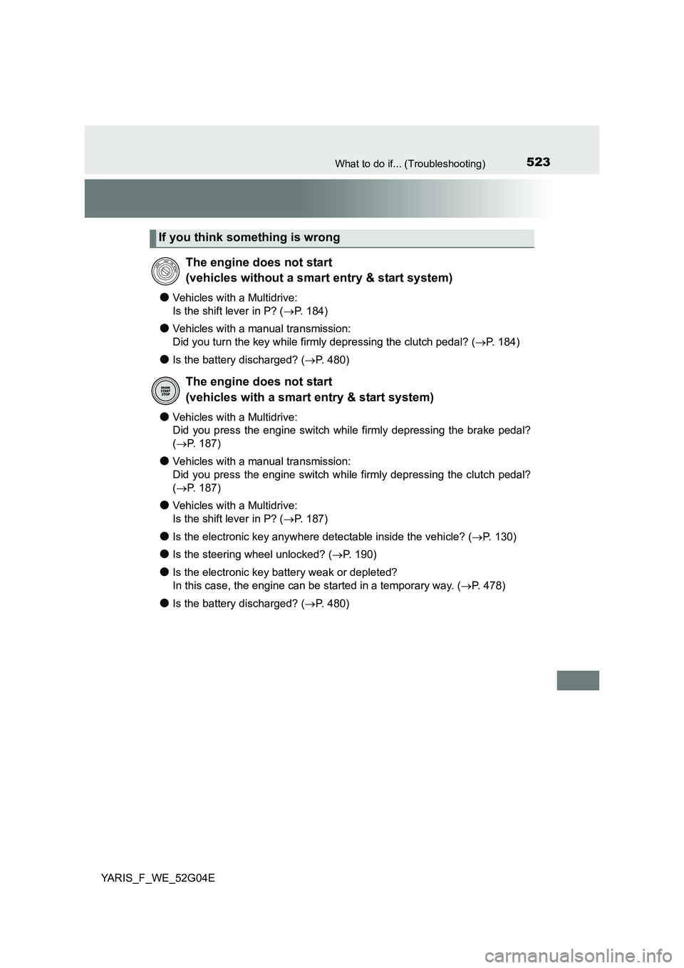 TOYOTA YARIS HATCHBACK 2015 Owners Manual 523What to do if... (Troubleshooting)
YARIS_F_WE_52G04E
●Vehicles with a Multidrive:
Is the shift lever in P? ( P. 184)
●Vehicles with a manual transmission:
Did you turn the key while firm TOYOTA YARIS HATCHBACK 2015 Owners Manual 523What to do if... (Troubleshooting)
YARIS_F_WE_52G04E
●Vehicles with a Multidrive:
Is the shift lever in P? ( P. 184)
●Vehicles with a manual transmission:
Did you turn the key while firm
