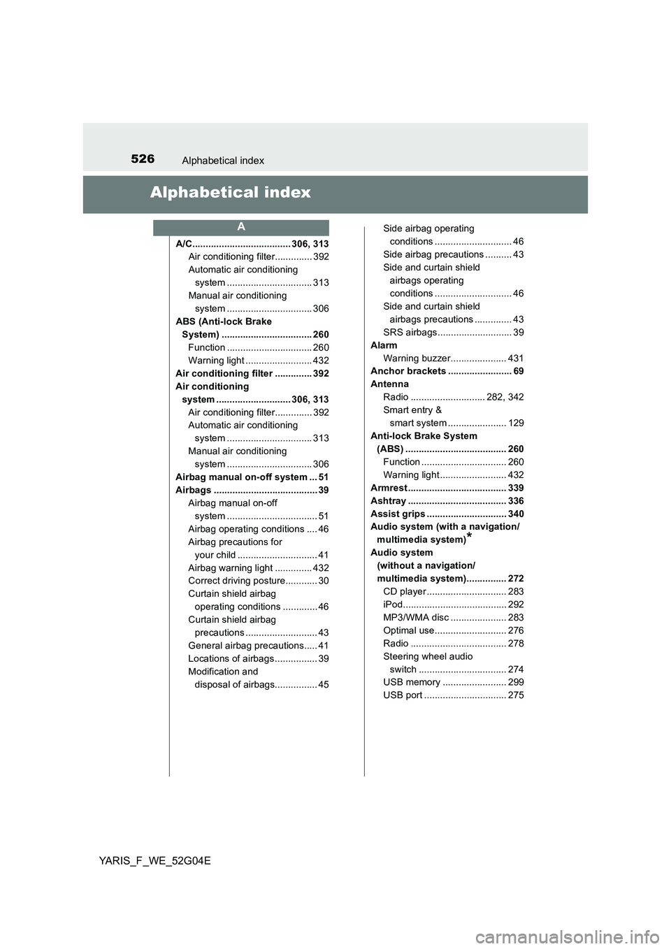 TOYOTA YARIS HATCHBACK 2015 Owners Manual 526Alphabetical index
YARIS_F_WE_52G04E
Alphabetical index
A/C..................................... 306, 313
Air conditioning filter.............. 392
Automatic air conditioning
system ............ TOYOTA YARIS HATCHBACK 2015 Owners Manual 526Alphabetical index
YARIS_F_WE_52G04E
Alphabetical index
A/C..................................... 306, 313
Air conditioning filter.............. 392
Automatic air conditioning
system ............