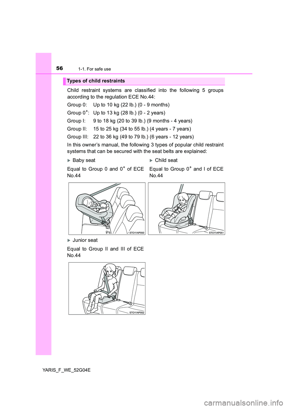 TOYOTA YARIS HATCHBACK 2015 Workshop Manual 561-1. For safe use
YARIS_F_WE_52G04E
Child restraint systems are classified into the following 5 groups
according to the regulation ECE No.44:
Group 0: Up to 10 kg (22 lb.) (0 - 9 months)
Group 0+ TOYOTA YARIS HATCHBACK 2015 Workshop Manual 561-1. For safe use
YARIS_F_WE_52G04E
Child restraint systems are classified into the following 5 groups
according to the regulation ECE No.44:
Group 0: Up to 10 kg (22 lb.) (0 - 9 months)
Group 0+