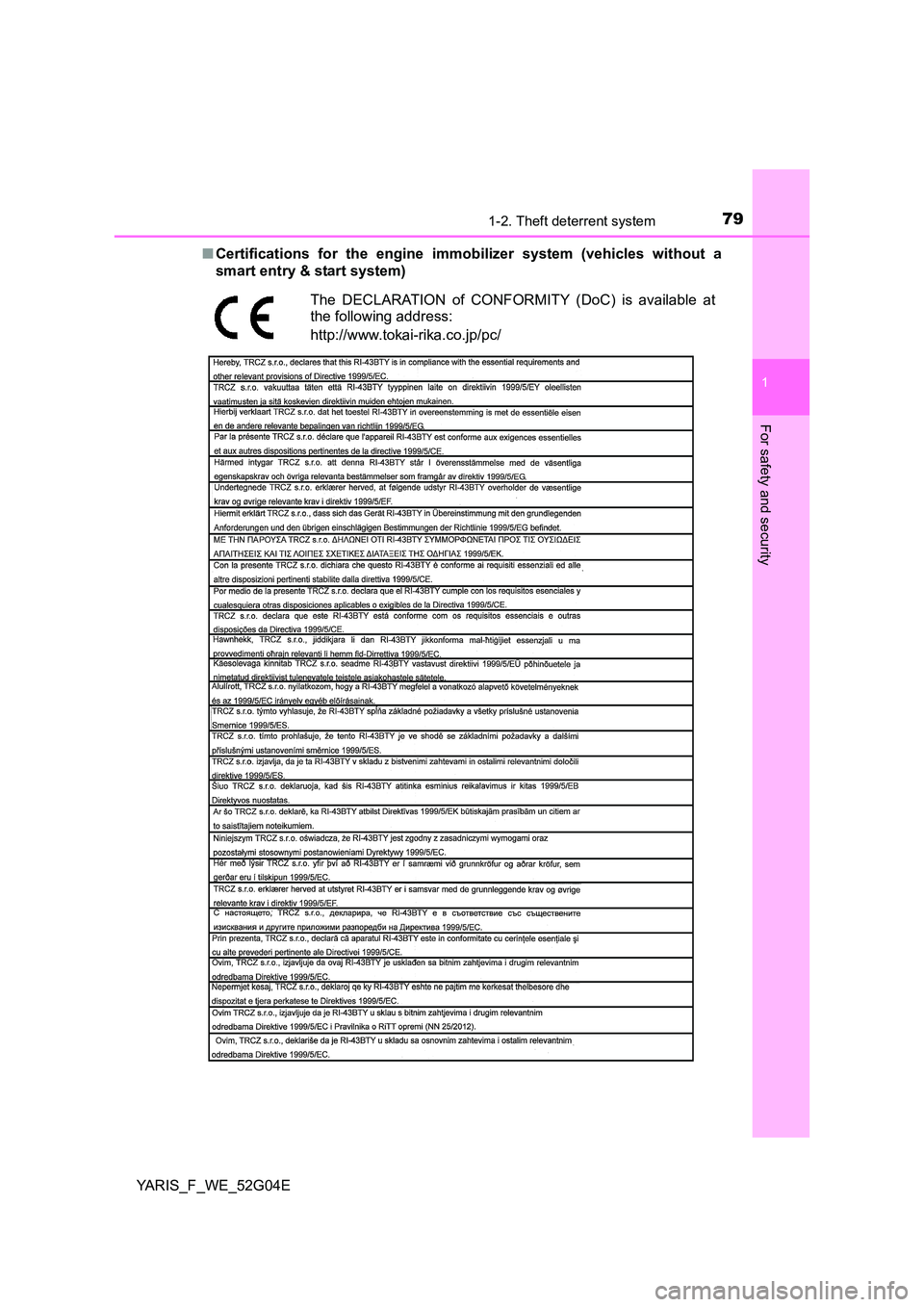 TOYOTA YARIS HATCHBACK 2015 Manual PDF 791-2. Theft deterrent system
1
For safety and security
YARIS_F_WE_52G04E
■ Certifications for the engine immobilizer system (vehicles without a
smart entry & start system)
The DECLARATION of CONF TOYOTA YARIS HATCHBACK 2015 Manual PDF 791-2. Theft deterrent system
1
For safety and security
YARIS_F_WE_52G04E
■ Certifications for the engine immobilizer system (vehicles without a
smart entry & start system)
The DECLARATION of CONF