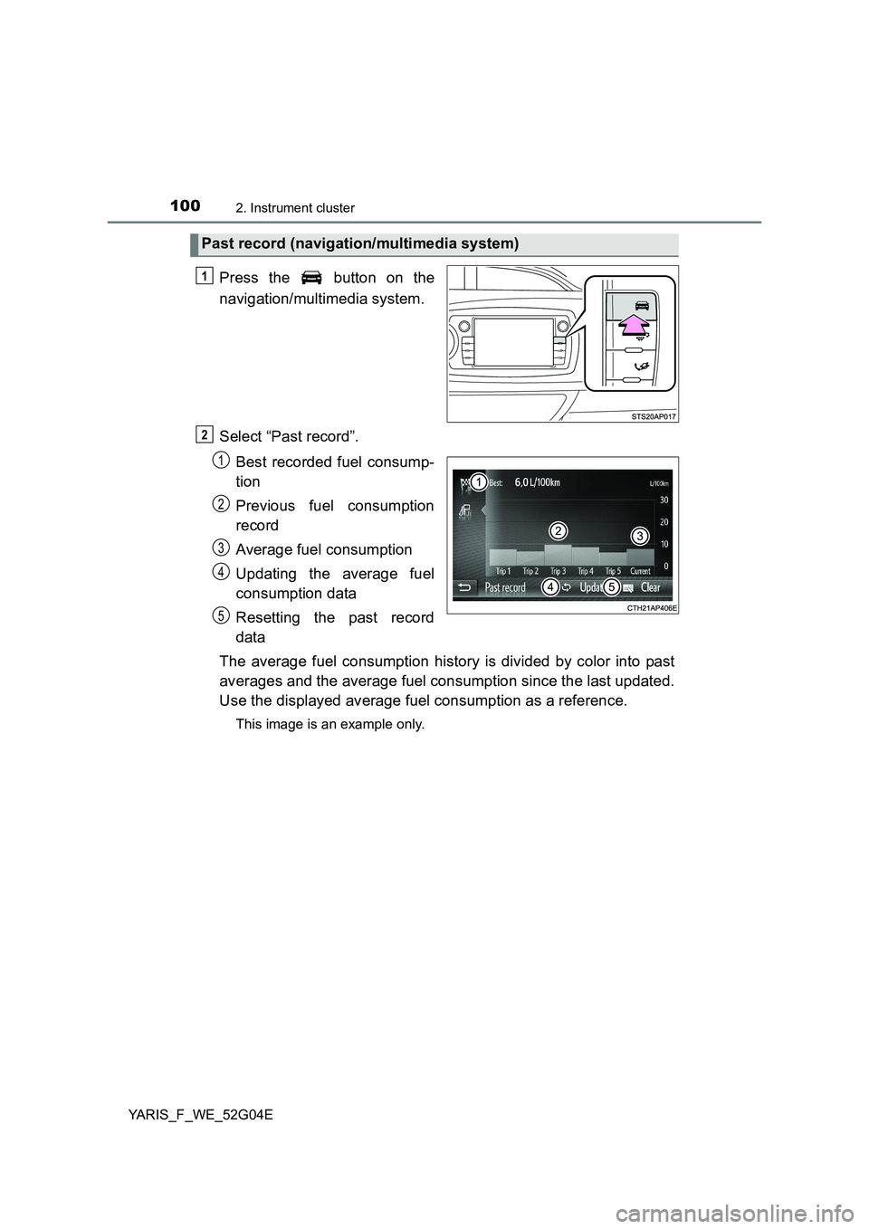 TOYOTA YARIS HATCHBACK 2015 Owners Manual 1002. Instrument cluster
YARIS_F_WE_52G04E
Press the button on the
navigation/multimedia system.
Select “Past record”.
Best recorded fuel consump-
tion
Previous fuel consumption
record
Av TOYOTA YARIS HATCHBACK 2015 Owners Manual 1002. Instrument cluster
YARIS_F_WE_52G04E
Press the button on the
navigation/multimedia system.
Select “Past record”.
Best recorded fuel consump-
tion
Previous fuel consumption
record
Av