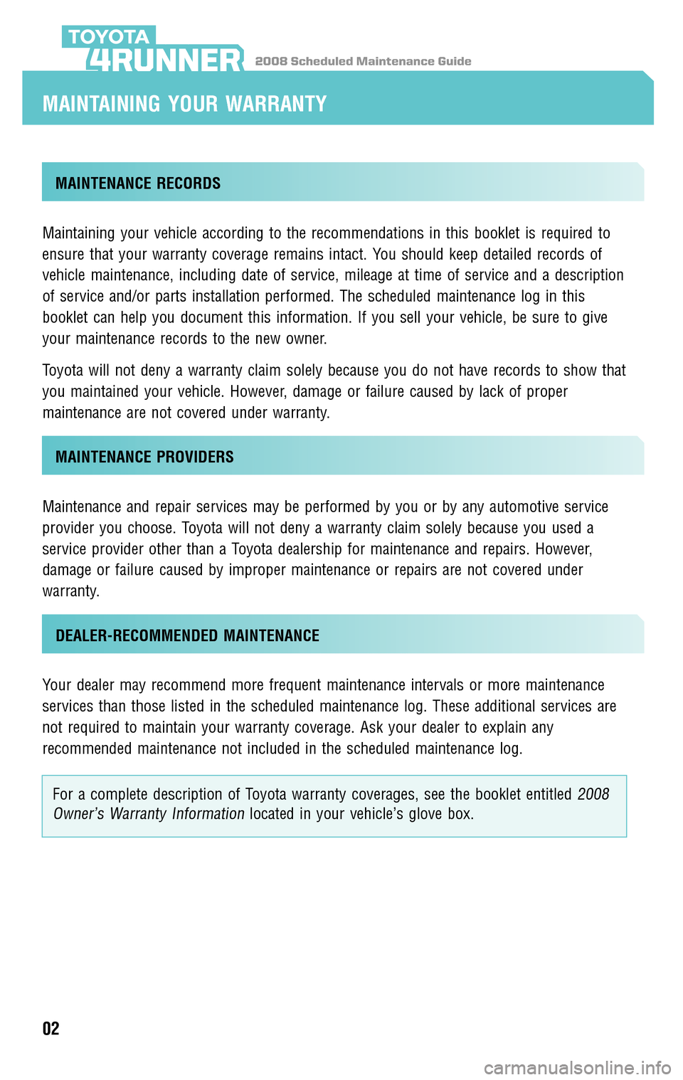 TOYOTA 4RUNNER 2008 N210 / 4.G Scheduled Maintenance Guide 2008 Scheduled Maintenance Guide4RUNNER
MAINTENANCE RECORDS
Maintaining your vehicle according to the recommendations in this booklet is required to
ensure that your warranty coverage remains intact.