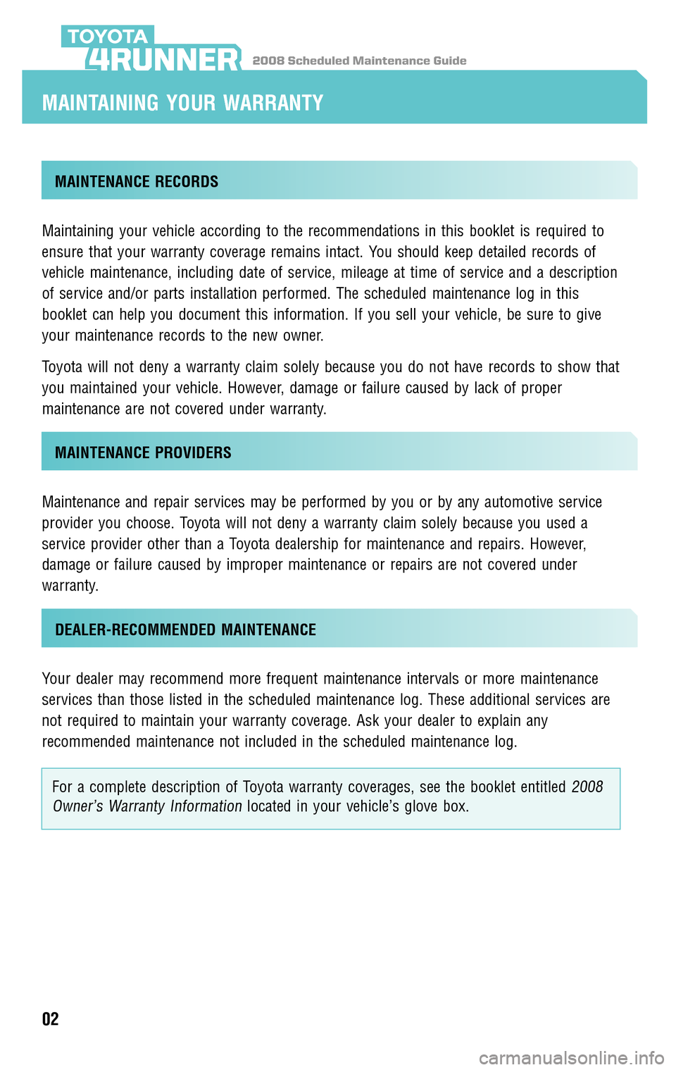 TOYOTA 4RUNNER 2008 N210 / 4.G Scheduled Maintenance Guide 2008 Scheduled Maintenance Guide4RUNNER
MAINTENANCE RECORDS
Maintaining your vehicle according to the recommendations in this booklet is required to
ensure that your warranty coverage remains intact.