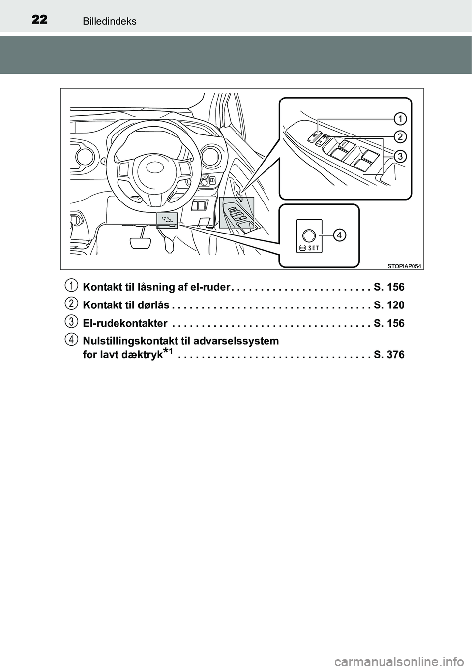 TOYOTA YARIS HATCHBACK 2015  Brugsanvisning (in Danish) 22Billedindeks
Kontakt til låsning af el-ruder . . . . . . . . . . . . . . . . . . . . . . . . S. 156
Kontakt til dørlås . . . . . . . . . . . . . . . . . . . . . . . . . . . . . . . . . . S. 120
E