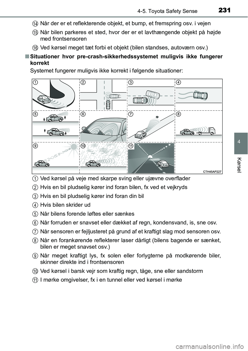 TOYOTA YARIS HATCHBACK 2015  Brugsanvisning (in Danish) 2314-5. Toyota Safety Sense
4
Kørsel
Når der er et reflekterende objekt, et bump, et fremspring osv. i vejen
Når bilen parkeres et sted, hvor der er et lavthængende objekt på højde
med frontsens