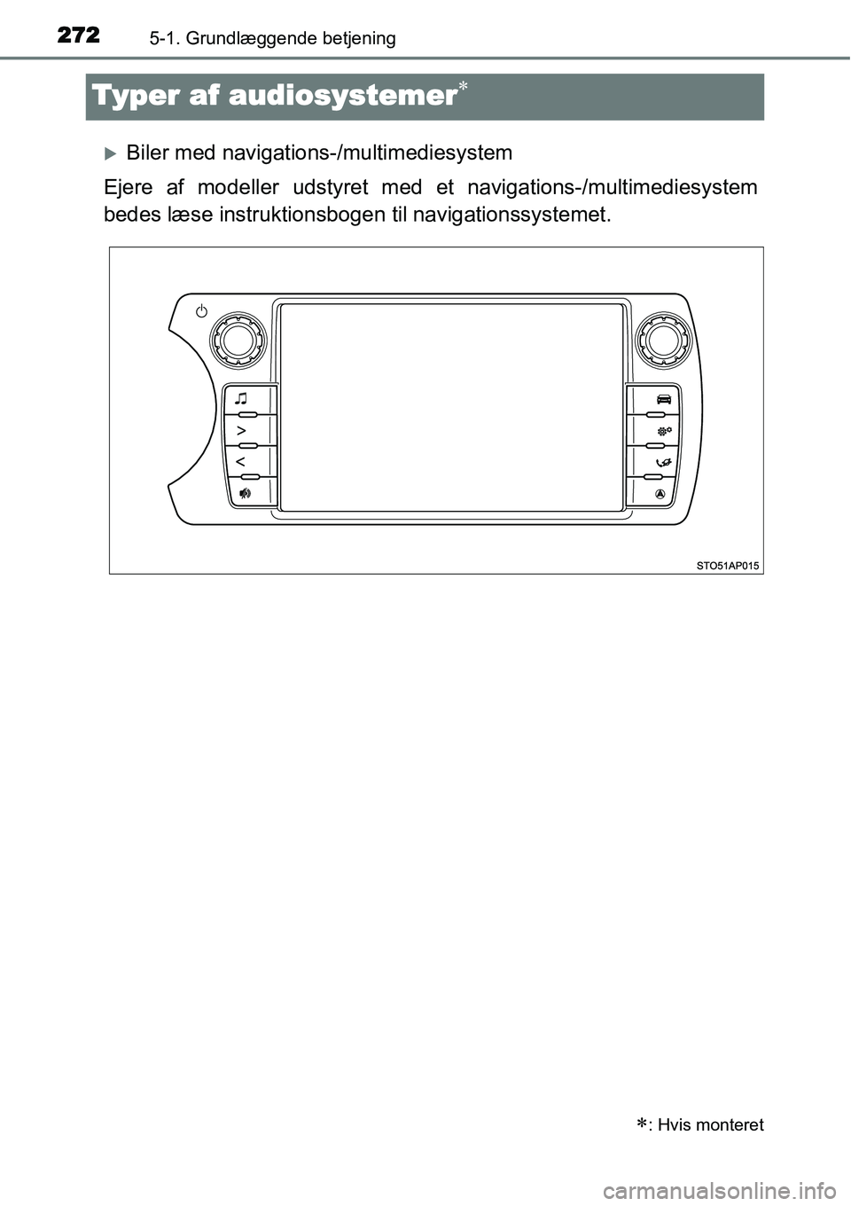 TOYOTA YARIS HATCHBACK 2015  Brugsanvisning (in Danish) 2725-1. Grundlæggende betjening
Typer af audiosystemer∗
�XBiler med navigations-/multimediesystem
Ejere af modeller udstyret med et navigations-/multimediesystem
bedes læse instruktionsbogen til n