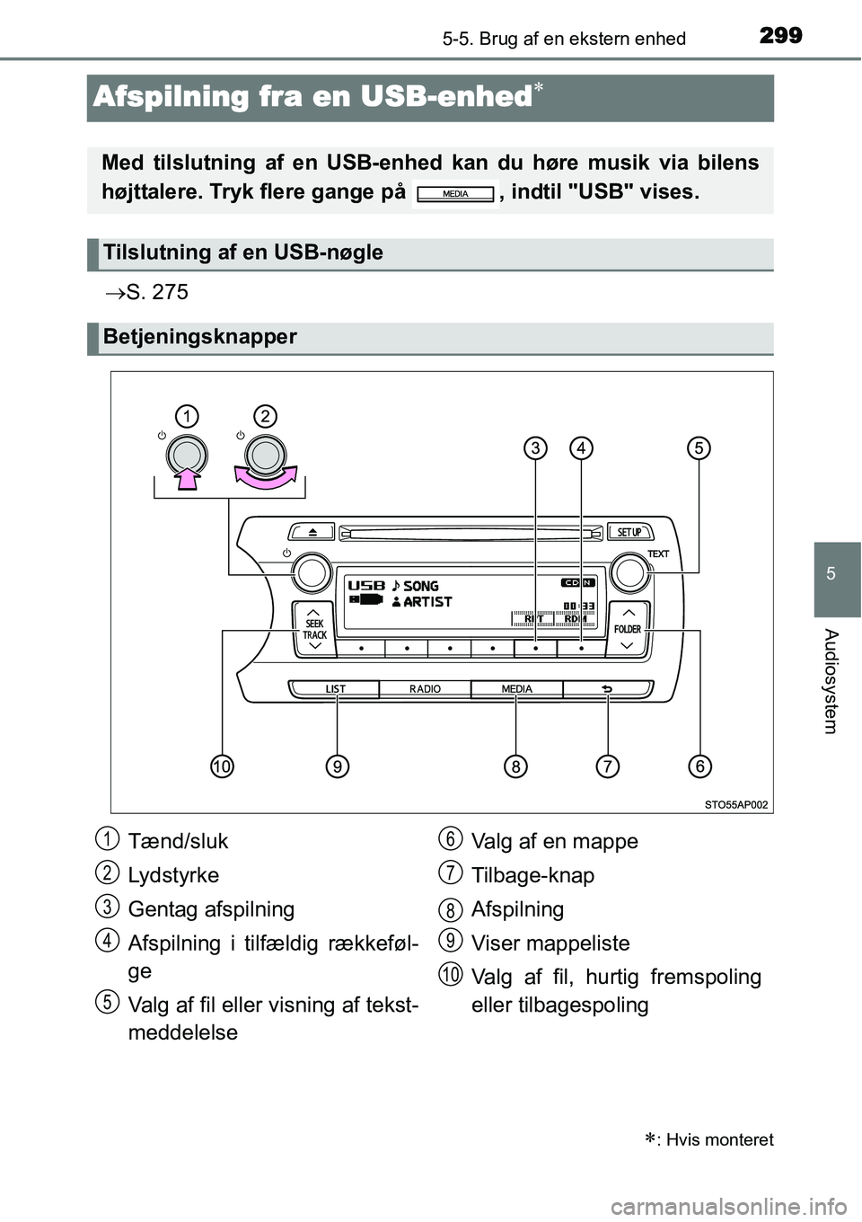 TOYOTA YARIS HATCHBACK 2015  Brugsanvisning (in Danish) 299
5
5-5. Brug af en ekstern enhed
Audiosystem
Afspilning fra en USB-enhed∗
→S. 275
∗: Hvis monteret
Med tilslutning af en USB-enhed kan du høre musik via bilens
højttalere. Tryk flere gange 