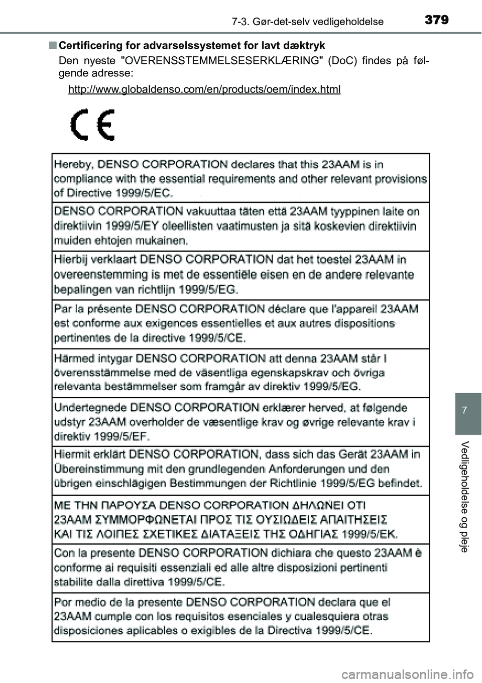 TOYOTA YARIS HATCHBACK 2015 Brugsanvisning (in Danish) 3797-3. Gør-det-selv vedligeholdelse
7
Vedligeholdelse og pleje
■Certificering for advarselssystemet for lavt dæktryk
Den nyeste "OVERENSSTEMMELSESERKLÆRING" (DoC) findes på føl-
gende adresse: TOYOTA YARIS HATCHBACK 2015 Brugsanvisning (in Danish) 3797-3. Gør-det-selv vedligeholdelse
7
Vedligeholdelse og pleje
■Certificering for advarselssystemet for lavt dæktryk
Den nyeste "OVERENSSTEMMELSESERKLÆRING" (DoC) findes på føl-
gende adresse: