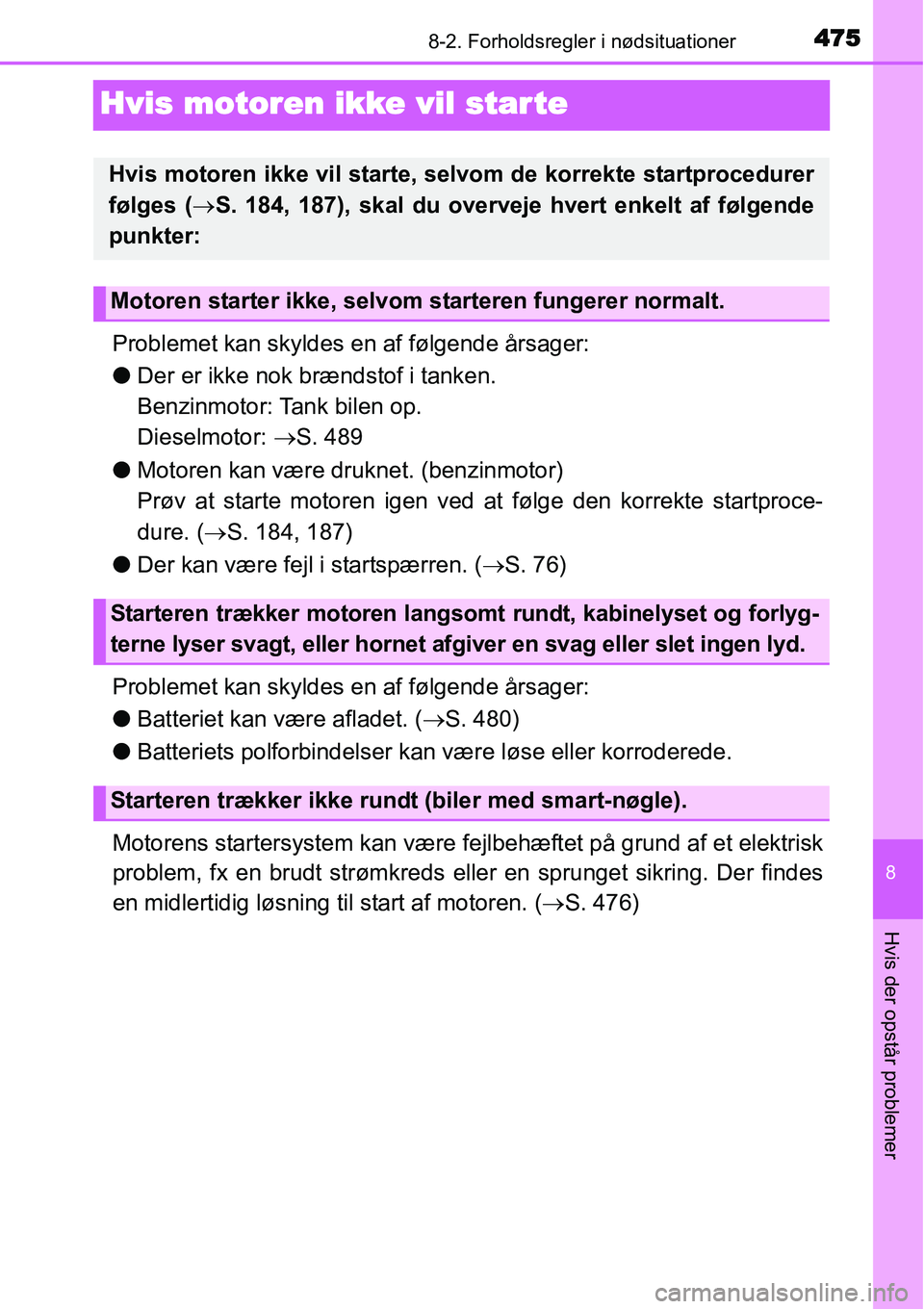 TOYOTA YARIS HATCHBACK 2015 Brugsanvisning (in Danish) 4758-2. Forholdsregler i nødsituationer
8
Hvis der opstår problemer
Hvis motoren ikke vil star te
Problemet kan skyldes en af følgende årsager:
●Der er ikke nok brændstof i tanken.
Benzinmotor TOYOTA YARIS HATCHBACK 2015 Brugsanvisning (in Danish) 4758-2. Forholdsregler i nødsituationer
8
Hvis der opstår problemer
Hvis motoren ikke vil star te
Problemet kan skyldes en af følgende årsager:
●Der er ikke nok brændstof i tanken.
Benzinmotor