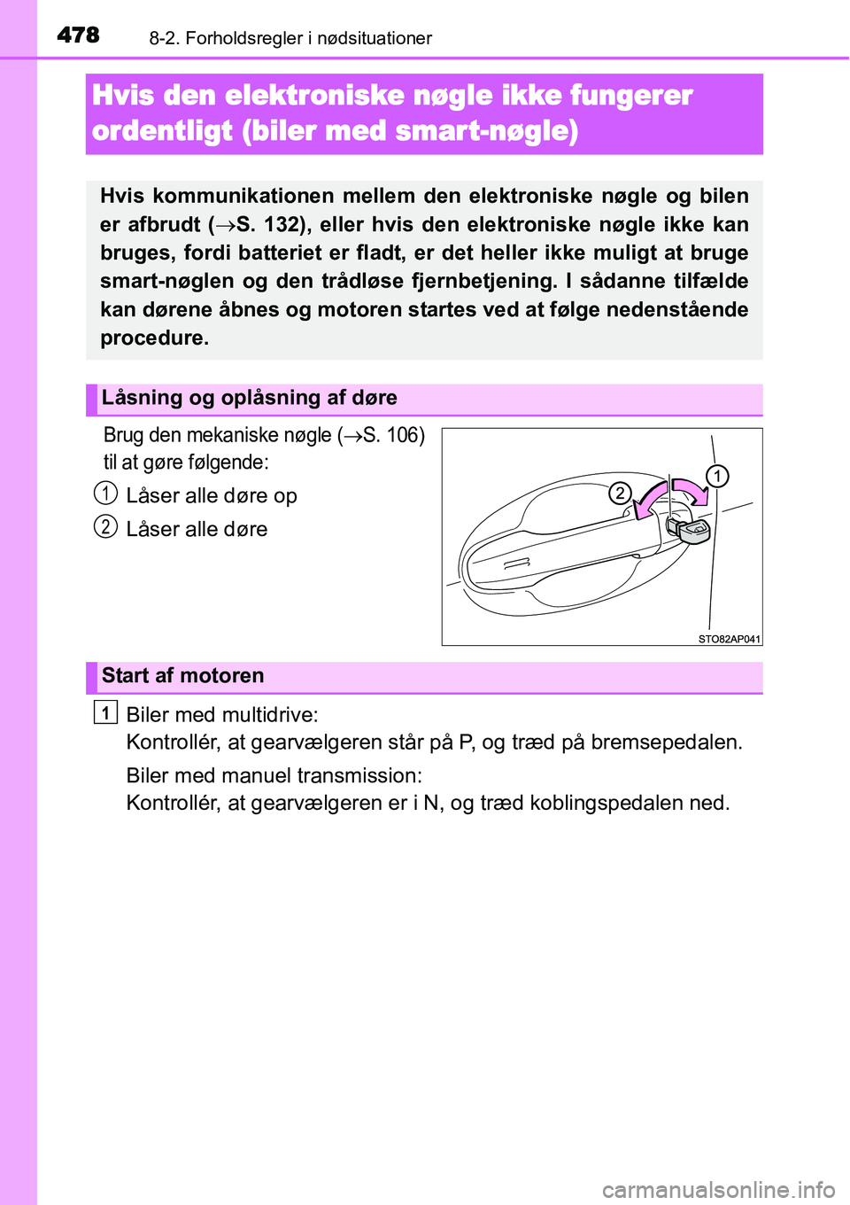 TOYOTA YARIS HATCHBACK 2015 Brugsanvisning (in Danish) 4788-2. Forholdsregler i nødsituationer
Hvis den elektroniske nøgle ikke fungerer
ordentligt (biler med smar t-nøgle)
Brug den mekaniske nøgle (→S. 106)
til at gøre følgende:
Låser alle dør TOYOTA YARIS HATCHBACK 2015 Brugsanvisning (in Danish) 4788-2. Forholdsregler i nødsituationer
Hvis den elektroniske nøgle ikke fungerer
ordentligt (biler med smar t-nøgle)
Brug den mekaniske nøgle (→S. 106)
til at gøre følgende:
Låser alle dør