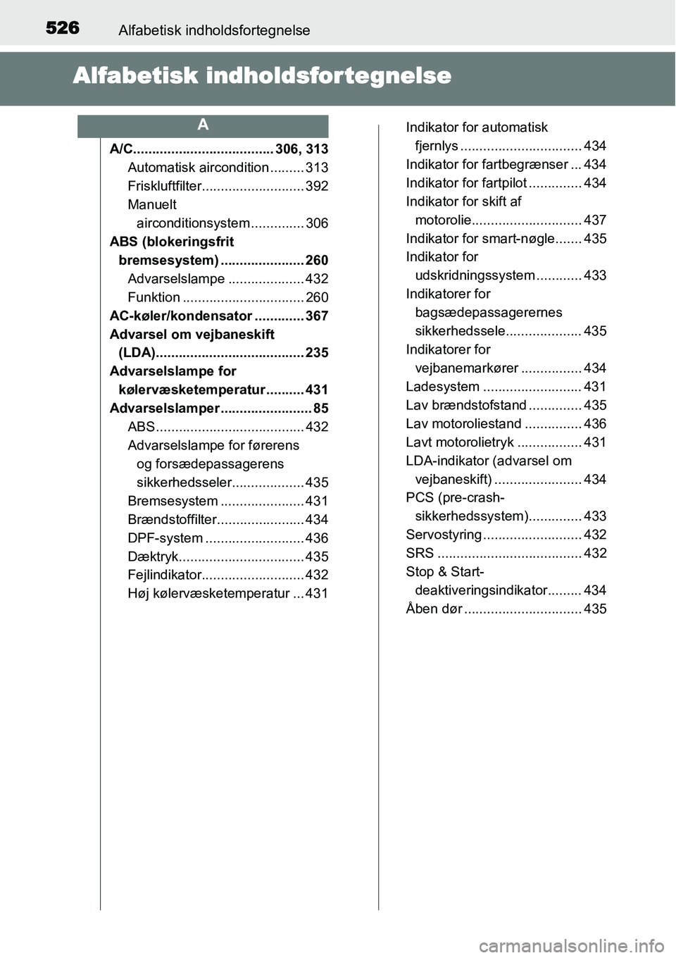 TOYOTA YARIS HATCHBACK 2015 Brugsanvisning (in Danish) 526Alfabetisk indholdsfortegnelse
Alfabetisk indholdsfortegnelse
A/C..................................... 306, 313
Automatisk aircondition ......... 313
Friskluftfilter........................... 392
TOYOTA YARIS HATCHBACK 2015 Brugsanvisning (in Danish) 526Alfabetisk indholdsfortegnelse
Alfabetisk indholdsfortegnelse
A/C..................................... 306, 313
Automatisk aircondition ......... 313
Friskluftfilter........................... 392