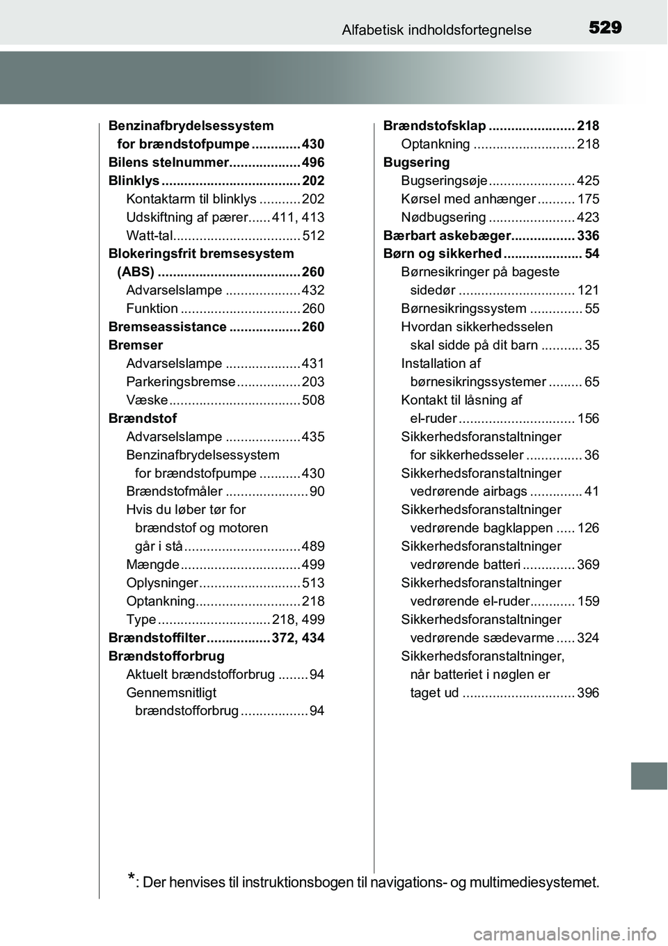 TOYOTA YARIS HATCHBACK 2015 Brugsanvisning (in Danish) 529Alfabetisk indholdsfortegnelse
Benzinafbrydelsessystem
for brændstofpumpe ............. 430
Bilens stelnummer................... 496
Blinklys ..................................... 202
Kontaktarm TOYOTA YARIS HATCHBACK 2015 Brugsanvisning (in Danish) 529Alfabetisk indholdsfortegnelse
Benzinafbrydelsessystem
for brændstofpumpe ............. 430
Bilens stelnummer................... 496
Blinklys ..................................... 202
Kontaktarm