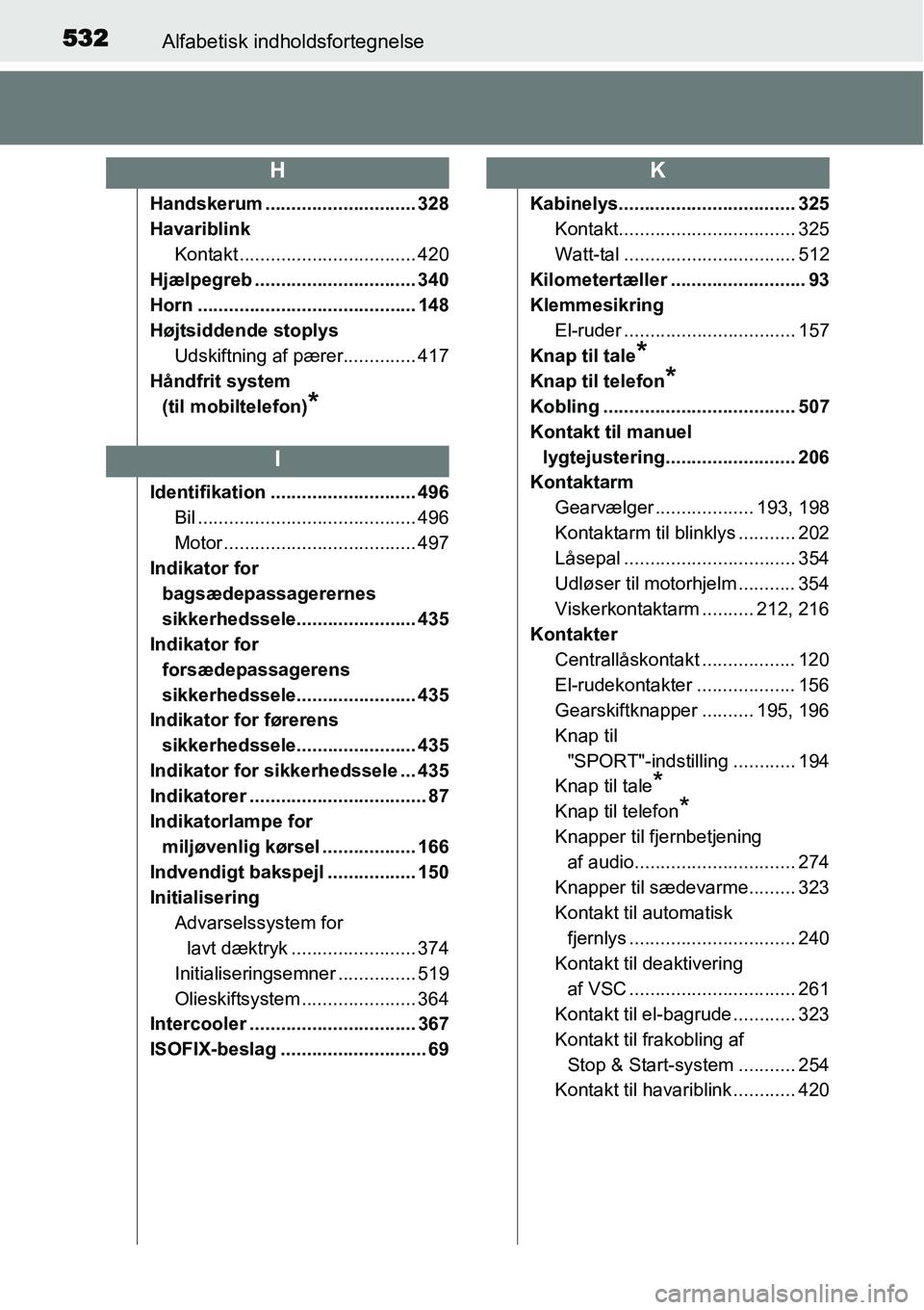 TOYOTA YARIS HATCHBACK 2015 Brugsanvisning (in Danish) 532Alfabetisk indholdsfortegnelse
Handskerum ............................. 328
Havariblink
Kontakt .................................. 420
Hjælpegreb ............................... 340
Horn ......... TOYOTA YARIS HATCHBACK 2015 Brugsanvisning (in Danish) 532Alfabetisk indholdsfortegnelse
Handskerum ............................. 328
Havariblink
Kontakt .................................. 420
Hjælpegreb ............................... 340
Horn .........