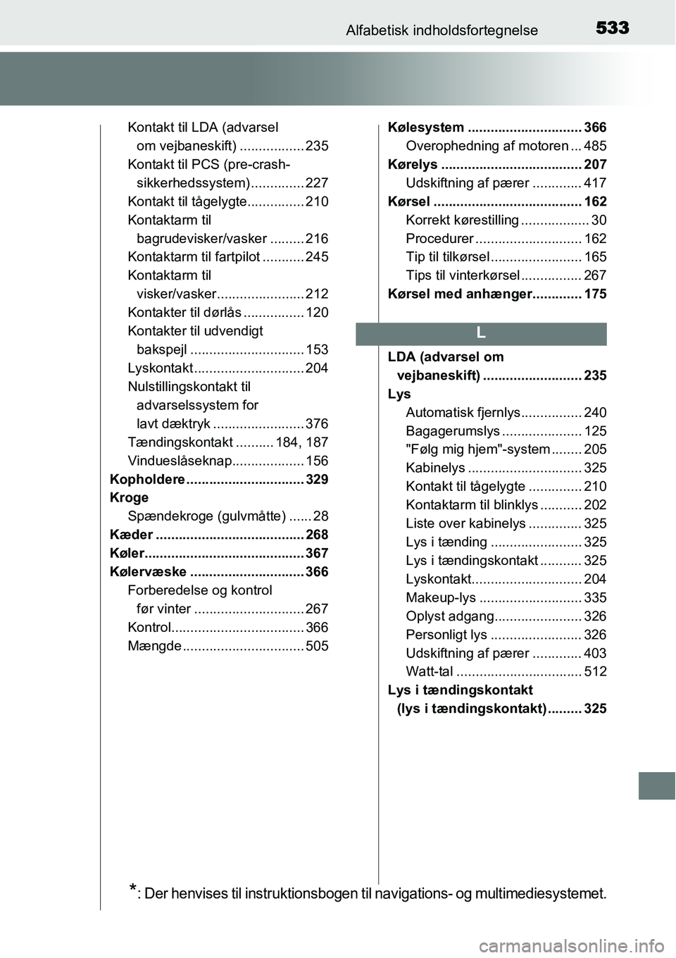 TOYOTA YARIS HATCHBACK 2015 Brugsanvisning (in Danish) 533Alfabetisk indholdsfortegnelse
Kontakt til LDA (advarsel
om vejbaneskift) ................. 235
Kontakt til PCS (pre-crash-
sikkerhedssystem) .............. 227
Kontakt til tågelygte............. TOYOTA YARIS HATCHBACK 2015 Brugsanvisning (in Danish) 533Alfabetisk indholdsfortegnelse
Kontakt til LDA (advarsel
om vejbaneskift) ................. 235
Kontakt til PCS (pre-crash-
sikkerhedssystem) .............. 227
Kontakt til tågelygte.............