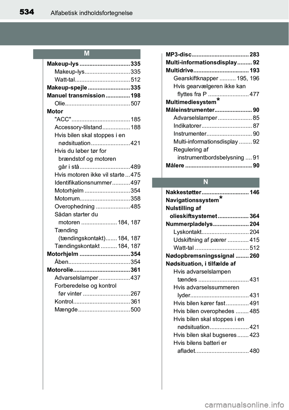 TOYOTA YARIS HATCHBACK 2015 Brugsanvisning (in Danish) 534Alfabetisk indholdsfortegnelse
Makeup-lys ............................... 335
Makeup-lys............................ 335
Watt-tal.................................. 512
Makeup-spejle ............... TOYOTA YARIS HATCHBACK 2015 Brugsanvisning (in Danish) 534Alfabetisk indholdsfortegnelse
Makeup-lys ............................... 335
Makeup-lys............................ 335
Watt-tal.................................. 512
Makeup-spejle ...............