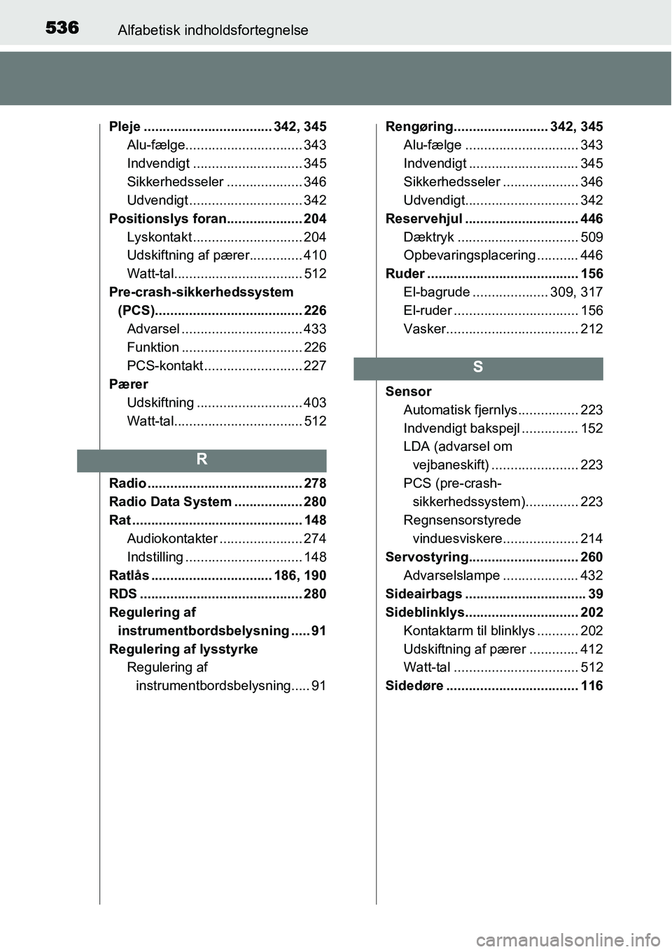 TOYOTA YARIS HATCHBACK 2015 Brugsanvisning (in Danish) 536Alfabetisk indholdsfortegnelse
Pleje .................................. 342, 345
Alu-fælge............................... 343
Indvendigt ............................. 345
Sikkerhedsseler ......... TOYOTA YARIS HATCHBACK 2015 Brugsanvisning (in Danish) 536Alfabetisk indholdsfortegnelse
Pleje .................................. 342, 345
Alu-fælge............................... 343
Indvendigt ............................. 345
Sikkerhedsseler .........