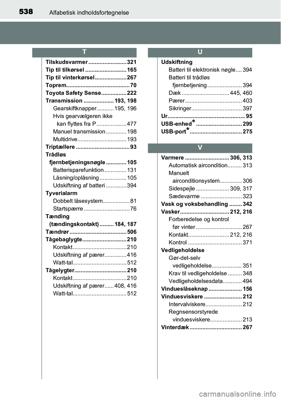 TOYOTA YARIS HATCHBACK 2015 Brugsanvisning (in Danish) 538Alfabetisk indholdsfortegnelse
Tilskudsvarmer ........................ 321
Tip til tilkørsel .......................... 165
Tip til vinterkørsel .................... 267
Toprem................... TOYOTA YARIS HATCHBACK 2015 Brugsanvisning (in Danish) 538Alfabetisk indholdsfortegnelse
Tilskudsvarmer ........................ 321
Tip til tilkørsel .......................... 165
Tip til vinterkørsel .................... 267
Toprem...................