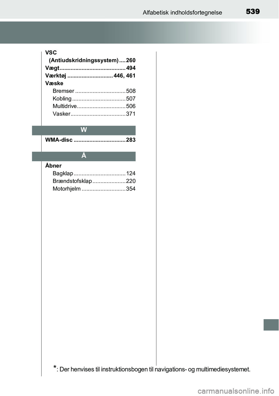 TOYOTA YARIS HATCHBACK 2015 Brugsanvisning (in Danish) 539Alfabetisk indholdsfortegnelse
VSC
(Antiudskridningssystem) .... 260
Vægt .......................................... 494
Værktøj ............................. 446, 461
Væske
Bremser .......... TOYOTA YARIS HATCHBACK 2015 Brugsanvisning (in Danish) 539Alfabetisk indholdsfortegnelse
VSC
(Antiudskridningssystem) .... 260
Vægt .......................................... 494
Værktøj ............................. 446, 461
Væske
Bremser ..........