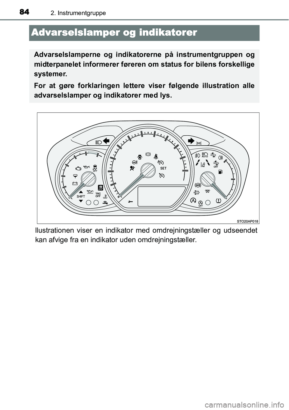 TOYOTA YARIS HATCHBACK 2015 Brugsanvisning (in Danish) 842. Instrumentgruppe
Advarselslamper og indikatorer
llustrationen viser en indikator med omdrejningstæller og udseendet
kan afvige fra en indikator uden omdrejningstæller.
Advarselslamperne og indi TOYOTA YARIS HATCHBACK 2015 Brugsanvisning (in Danish) 842. Instrumentgruppe
Advarselslamper og indikatorer
llustrationen viser en indikator med omdrejningstæller og udseendet
kan afvige fra en indikator uden omdrejningstæller.
Advarselslamperne og indi