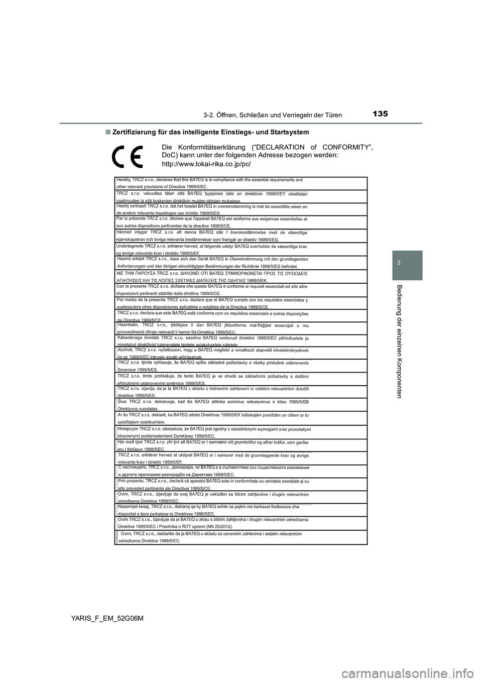 TOYOTA YARIS HATCHBACK 2015 Betriebsanleitungen (in German) 1353-2. Öffnen, Schließen und Verriegeln der Türen
3
Bedienung der einzelnen Komponenten
YARIS_F_EM_52G06M
■ Zertifizierung für das intelligente Einstiegs- und Startsystem
Die Konformitätserkl TOYOTA YARIS HATCHBACK 2015 Betriebsanleitungen (in German) 1353-2. Öffnen, Schließen und Verriegeln der Türen
3
Bedienung der einzelnen Komponenten
YARIS_F_EM_52G06M
■ Zertifizierung für das intelligente Einstiegs- und Startsystem
Die Konformitätserkl