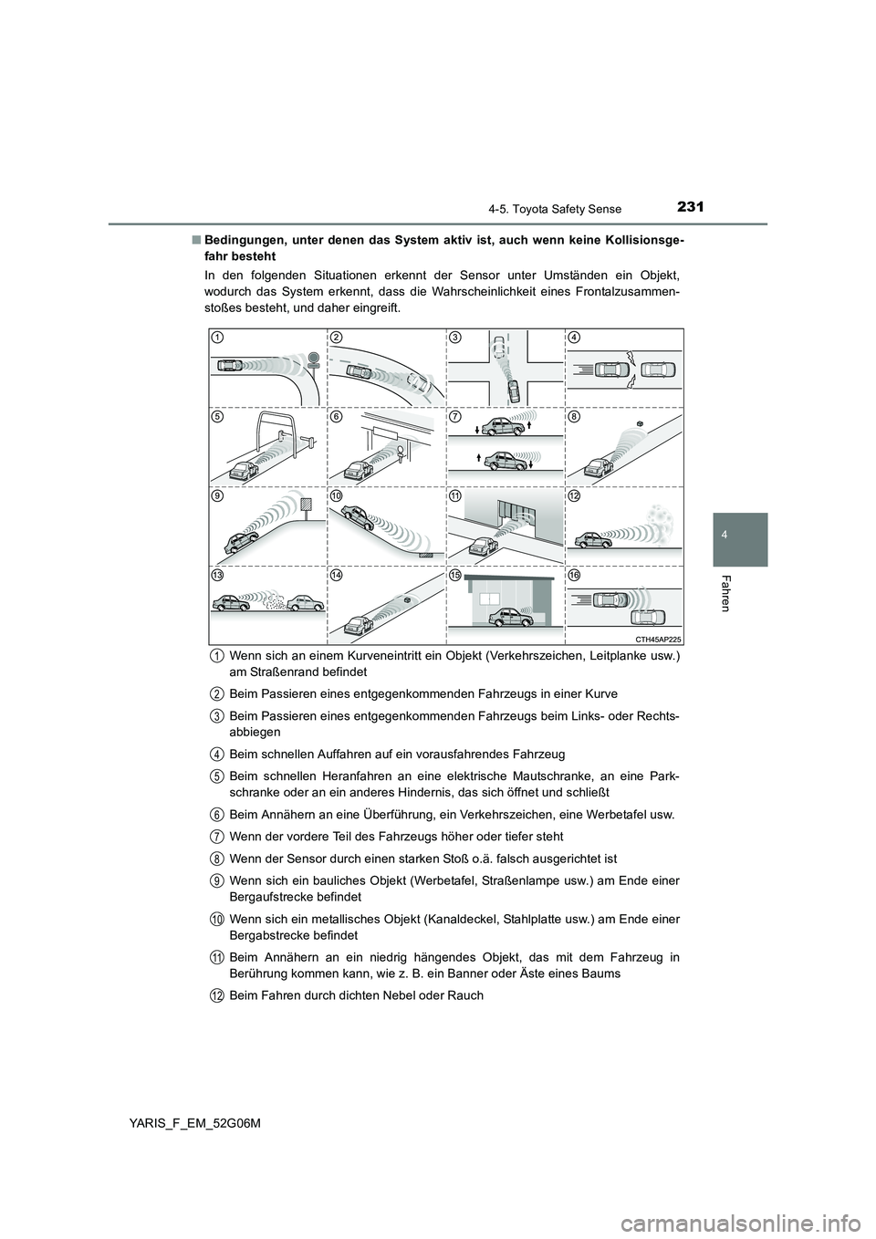 TOYOTA YARIS HATCHBACK 2015 Betriebsanleitungen (in German) 2314-5. Toyota Safety Sense
4
Fahren
YARIS_F_EM_52G06M
■ Bedingungen, unter denen das System aktiv ist, auch wenn keine Kollisionsge-
fahr besteht
In den folgenden Situationen erkennt der Sensor TOYOTA YARIS HATCHBACK 2015 Betriebsanleitungen (in German) 2314-5. Toyota Safety Sense
4
Fahren
YARIS_F_EM_52G06M
■ Bedingungen, unter denen das System aktiv ist, auch wenn keine Kollisionsge-
fahr besteht
In den folgenden Situationen erkennt der Sensor