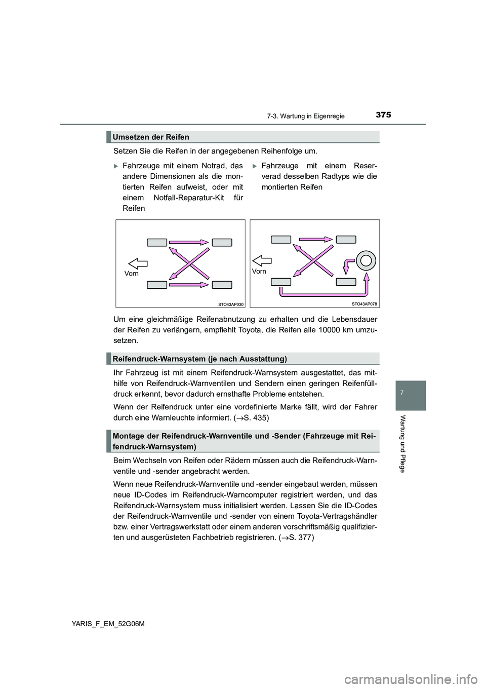 TOYOTA YARIS HATCHBACK 2015 Betriebsanleitungen (in German) 3757-3. Wartung in Eigenregie
7
Wartung und Pflege
YARIS_F_EM_52G06M
Setzen Sie die Reifen in der angegebenen Reihenfolge um.
Um eine gleichmäßige Reifenabnutzung zu erhalten und die Lebensdauer
d TOYOTA YARIS HATCHBACK 2015 Betriebsanleitungen (in German) 3757-3. Wartung in Eigenregie
7
Wartung und Pflege
YARIS_F_EM_52G06M
Setzen Sie die Reifen in der angegebenen Reihenfolge um.
Um eine gleichmäßige Reifenabnutzung zu erhalten und die Lebensdauer
d