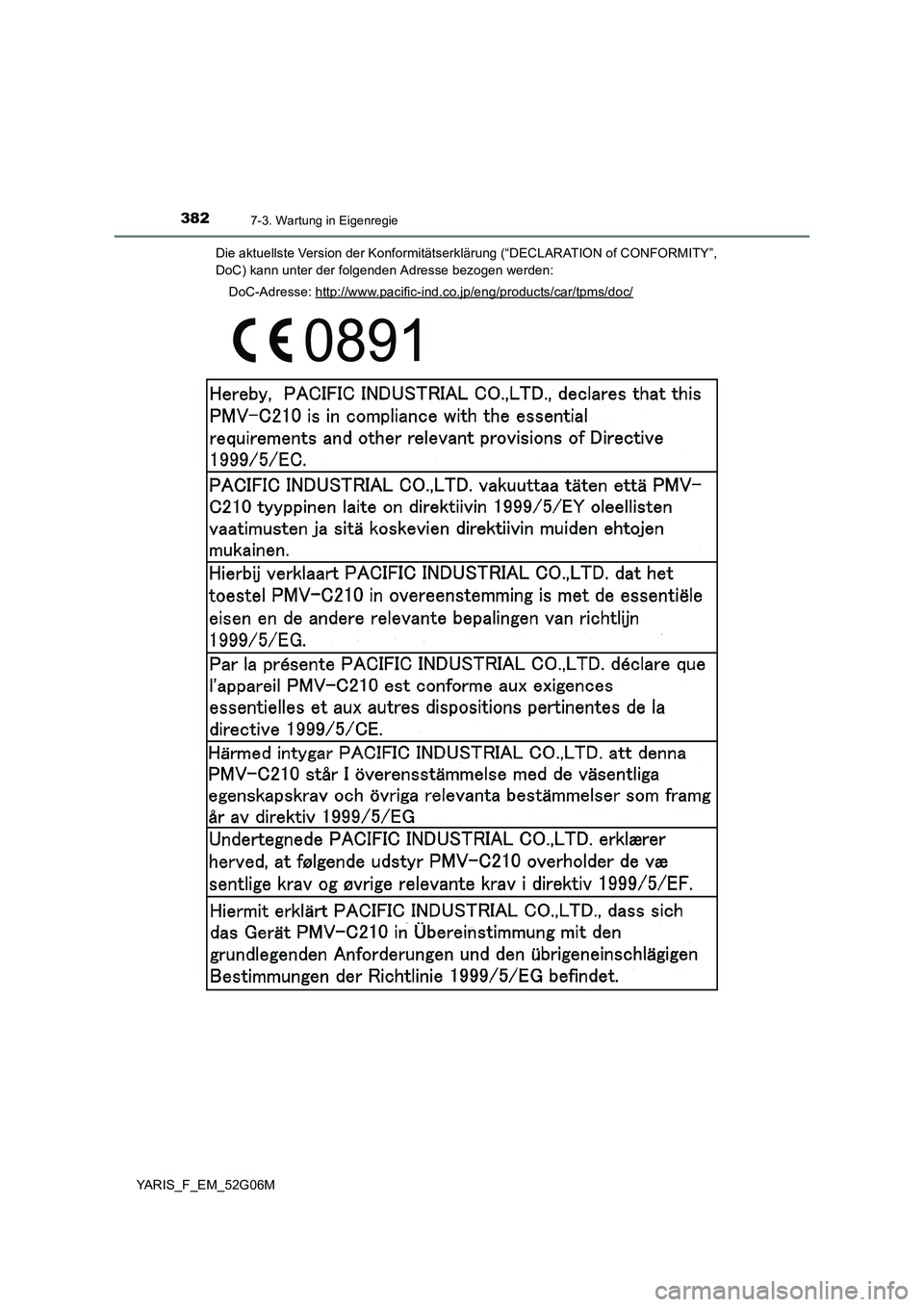 TOYOTA YARIS HATCHBACK 2015 Betriebsanleitungen (in German) 3827-3. Wartung in Eigenregie
YARIS_F_EM_52G06M
Die aktuellste Version der Konformitätserklärung (“DECLARATION of CONFORMITY”,
DoC) kann unter der folgenden Adresse bezogen werden:
DoC-Adress TOYOTA YARIS HATCHBACK 2015 Betriebsanleitungen (in German) 3827-3. Wartung in Eigenregie
YARIS_F_EM_52G06M
Die aktuellste Version der Konformitätserklärung (“DECLARATION of CONFORMITY”,
DoC) kann unter der folgenden Adresse bezogen werden:
DoC-Adress
