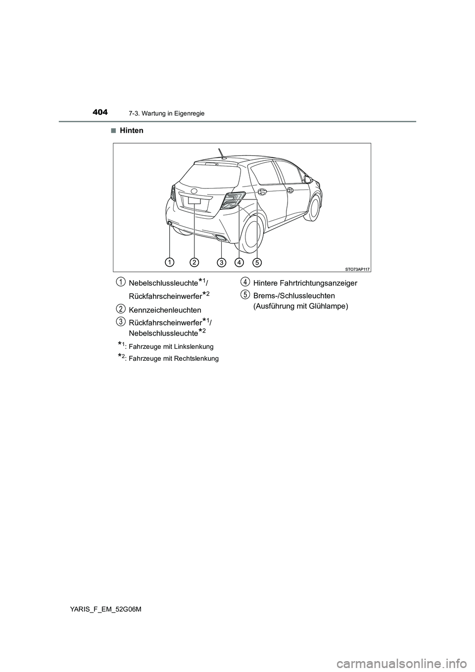 TOYOTA YARIS HATCHBACK 2015  Betriebsanleitungen (in German) 4047-3. Wartung in Eigenregie
YARIS_F_EM_52G06M 
■Hinten
*1:  Fahrzeuge mit Linkslenkung
*2:  Fahrzeuge mit Rechtslenkung
Nebelschlussleuchte*1/ 
Rückfahrscheinwerfer*2
Kennzeichenleuchten 
Rückfa
