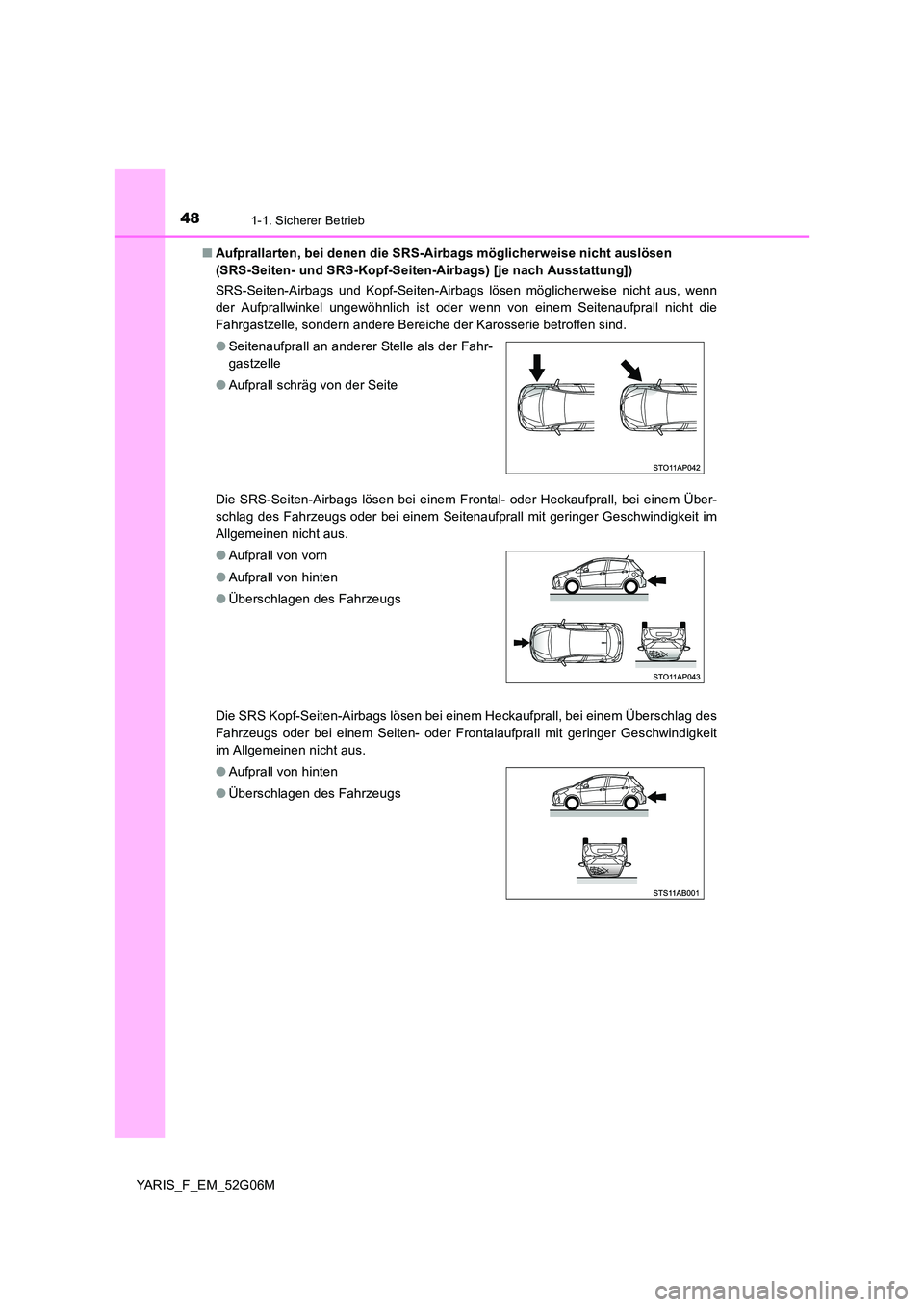 TOYOTA YARIS HATCHBACK 2015  Betriebsanleitungen (in German) 481-1. Sicherer Betrieb
YARIS_F_EM_52G06M 
■ Aufprallarten, bei denen die SRS-Airbags möglicherweise nicht auslösen  
(SRS-Seiten- und SRS-Kopf-Seiten-Airbags) [je nach Ausstattung]) 
SRS-Seiten-A