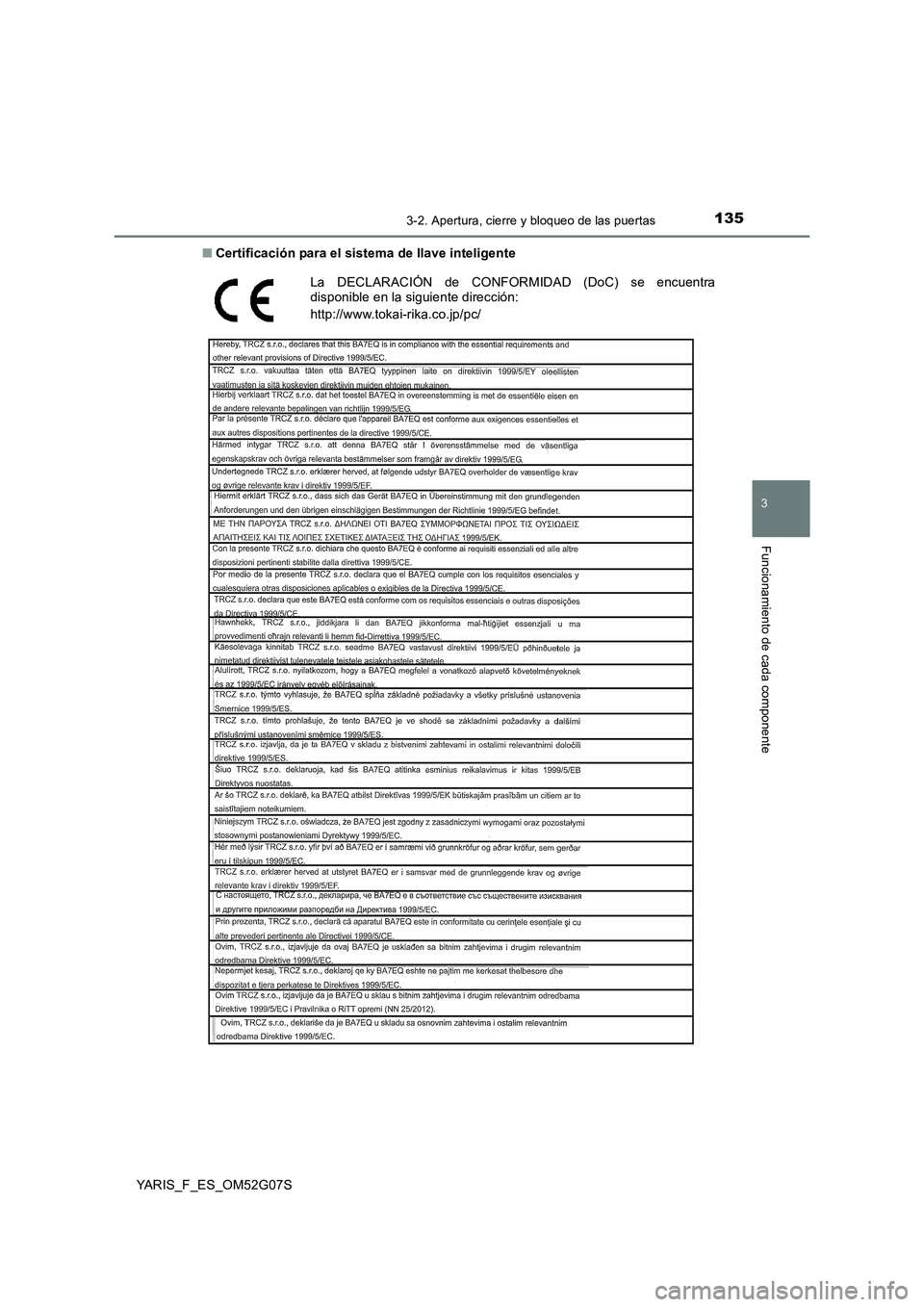 TOYOTA YARIS HATCHBACK 2015 Manual del propietario (in Spanish) 1353-2. Apertura, cierre y bloqueo de las puertas
3
Funcionamiento de cada componente
YARIS_F_ES_OM52G07S
■ Certificación para el sistema de llave inteligente
La DECLARACIÓN de CONFORMIDAD (DoC) TOYOTA YARIS HATCHBACK 2015 Manual del propietario (in Spanish) 1353-2. Apertura, cierre y bloqueo de las puertas
3
Funcionamiento de cada componente
YARIS_F_ES_OM52G07S
■ Certificación para el sistema de llave inteligente
La DECLARACIÓN de CONFORMIDAD (DoC)