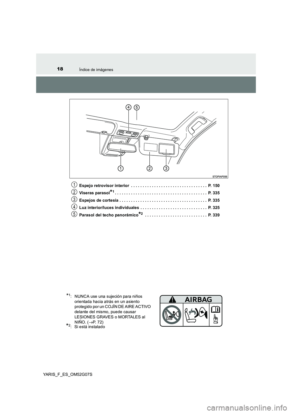 TOYOTA YARIS HATCHBACK 2015  Manual del propietario (in Spanish) 18Índice de imágenes
YARIS_F_ES_OM52G07S 
Espejo retrovisor interior  . . . . . . . . . . . . . . . . . . . . . . . . . . . . . . . . .  P. 150 
Viseras parasol*1. . . . . . . . . . . . . . . . . . 