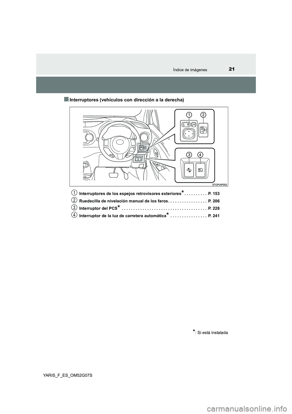 TOYOTA YARIS HATCHBACK 2015  Manual del propietario (in Spanish) 21Índice de imágenes
YARIS_F_ES_OM52G07S
■Interruptores (vehículos con dirección a la derecha)
Interruptores de los espejos retrovisores exteriores*. . . . . . . . . .  P. 153 
Ruedecilla de niv