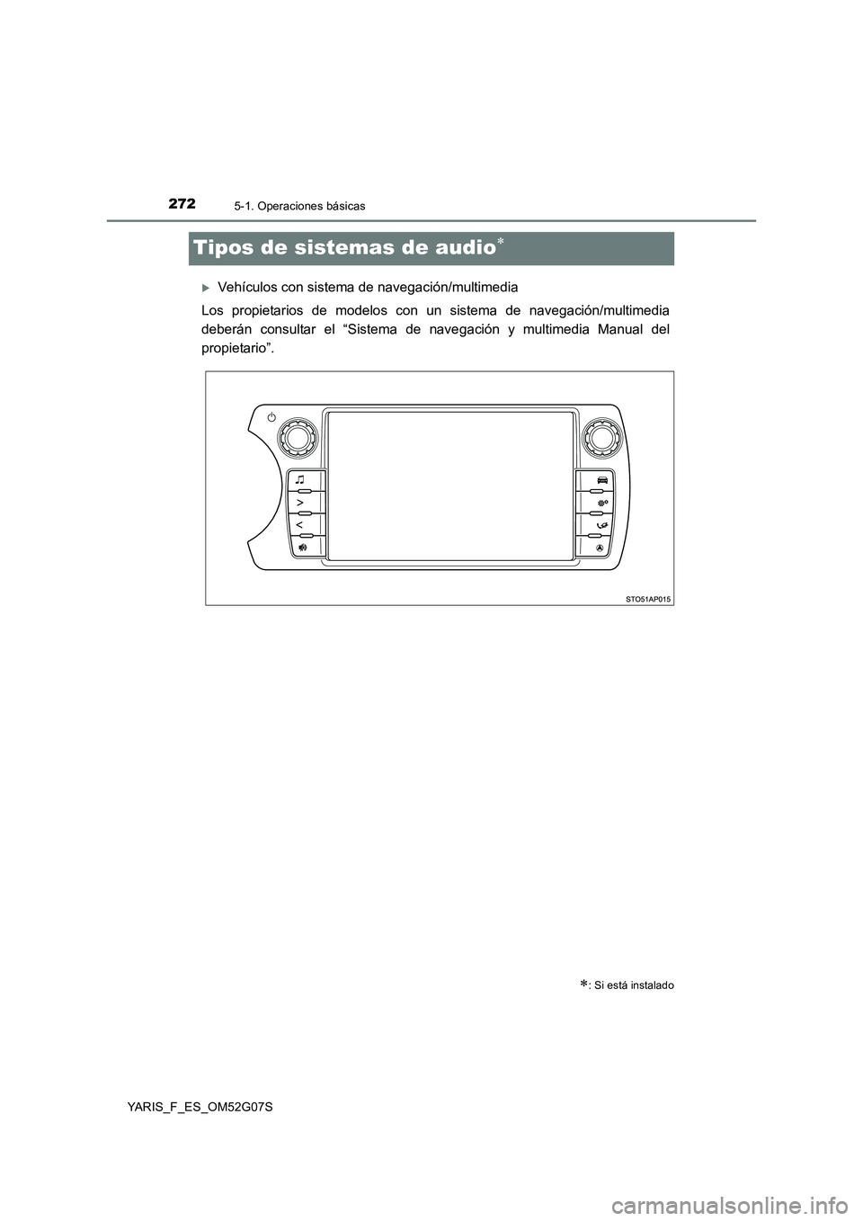 TOYOTA YARIS HATCHBACK 2015 Manual del propietario (in Spanish) 2725-1. Operaciones básicas
YARIS_F_ES_OM52G07S
Tipos de sistemas de audio
Vehículos con sistema de navegación/multimedia
Los propietarios de modelos con un sistema de navegación/multimedia TOYOTA YARIS HATCHBACK 2015 Manual del propietario (in Spanish) 2725-1. Operaciones básicas
YARIS_F_ES_OM52G07S
Tipos de sistemas de audio
Vehículos con sistema de navegación/multimedia
Los propietarios de modelos con un sistema de navegación/multimedia