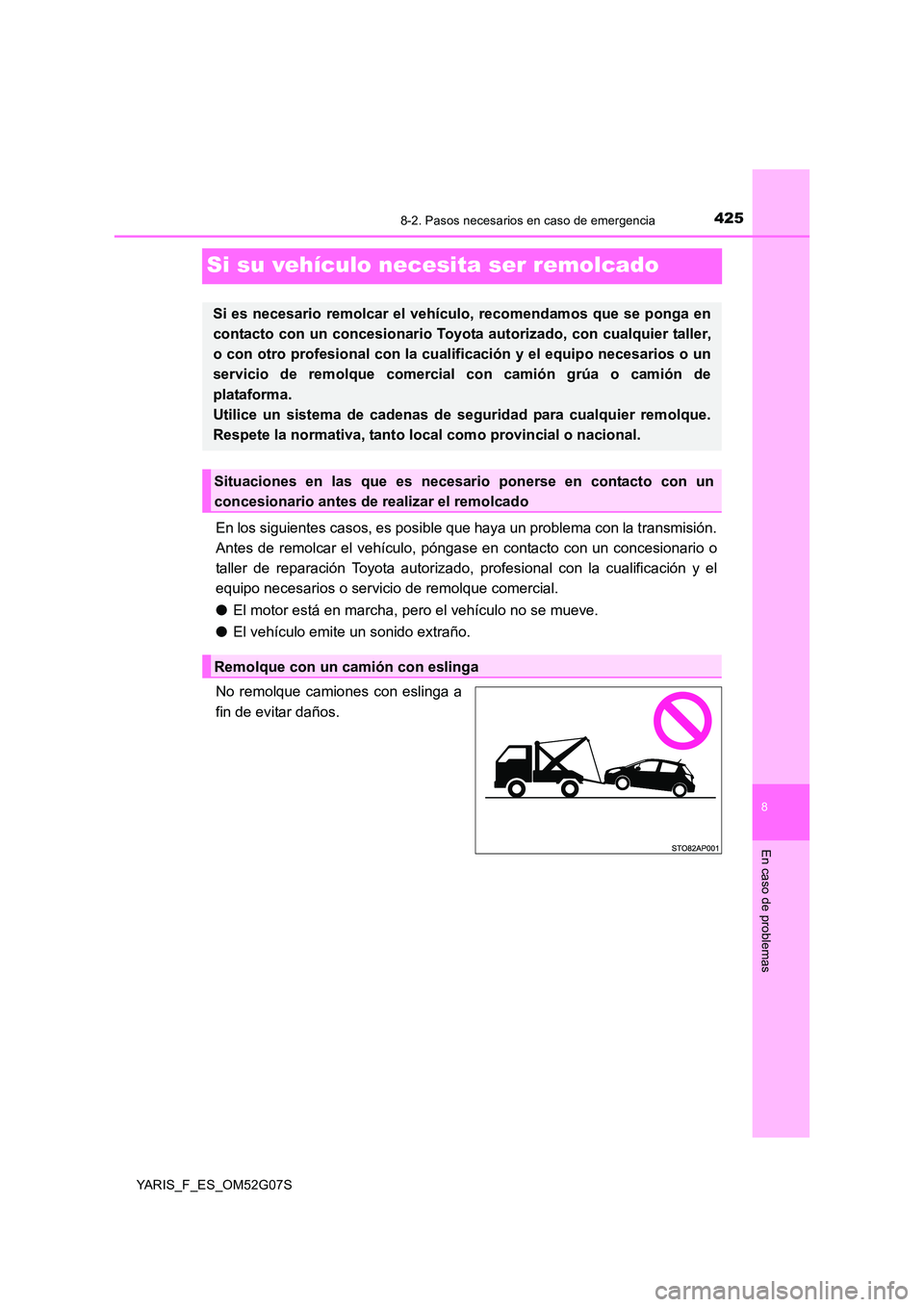 TOYOTA YARIS HATCHBACK 2015 Manual del propietario (in Spanish) 4258-2. Pasos necesarios en caso de emergencia
8
En caso de problemas
YARIS_F_ES_OM52G07S
Si su vehículo necesita ser remolcado
En los siguientes casos, es posible que haya un problema con la transmi TOYOTA YARIS HATCHBACK 2015 Manual del propietario (in Spanish) 4258-2. Pasos necesarios en caso de emergencia
8
En caso de problemas
YARIS_F_ES_OM52G07S
Si su vehículo necesita ser remolcado
En los siguientes casos, es posible que haya un problema con la transmi