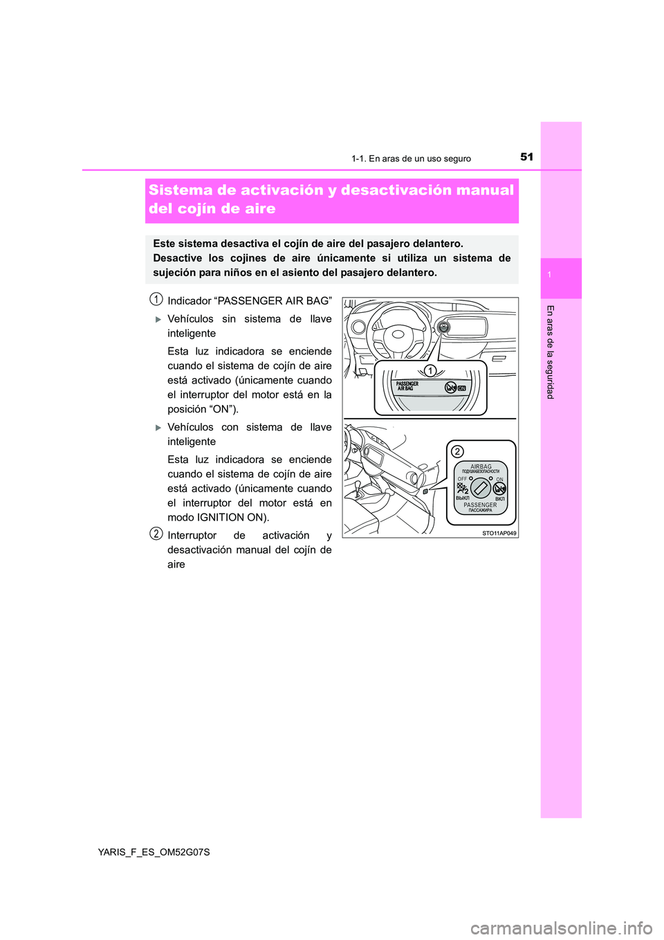TOYOTA YARIS HATCHBACK 2015 Manual del propietario (in Spanish) 511-1. En aras de un uso seguro
1
En aras de la seguridad
YARIS_F_ES_OM52G07S
Sistema de activación y desactivación manual
del cojín de aire
Indicador “PASSENGER AIR BAG”
Vehículos sin si TOYOTA YARIS HATCHBACK 2015 Manual del propietario (in Spanish) 511-1. En aras de un uso seguro
1
En aras de la seguridad
YARIS_F_ES_OM52G07S
Sistema de activación y desactivación manual
del cojín de aire
Indicador “PASSENGER AIR BAG”
Vehículos sin si