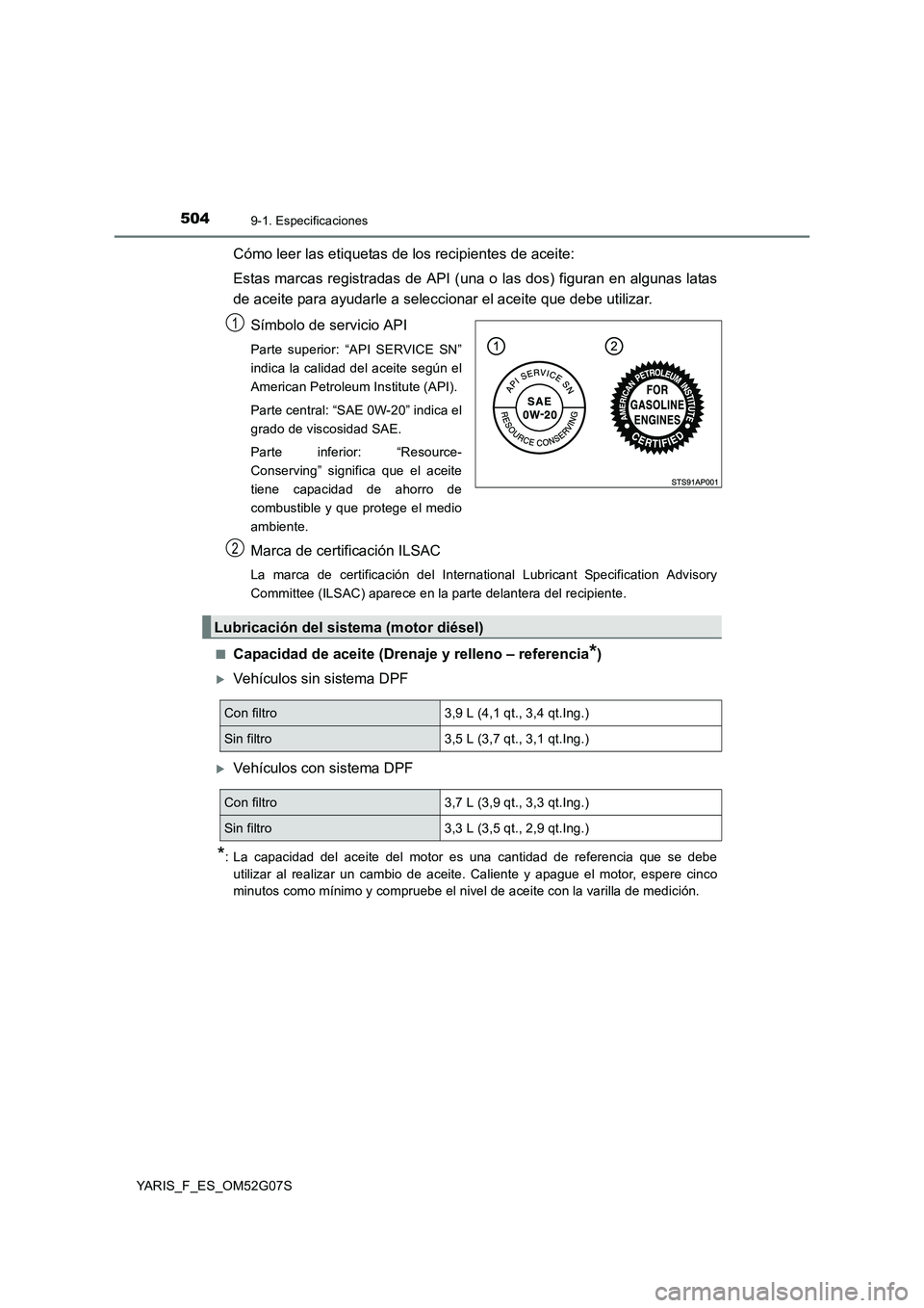 TOYOTA YARIS HATCHBACK 2015  Manual del propietario (in Spanish) 5049-1. Especificaciones
YARIS_F_ES_OM52G07S
Cómo leer las etiquetas de los recipientes de aceite: 
Estas marcas registradas de API (una o las dos) figuran en algunas latas 
de aceite para ayudarle a