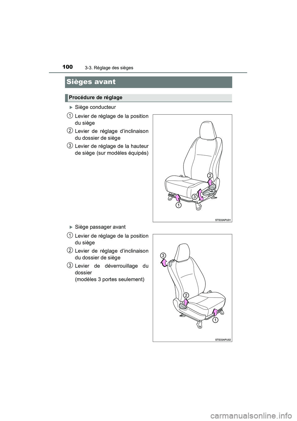 TOYOTA YARIS HATCHBACK 2015  Manuel du propriétaire (in French) 1003-3. Réglage des sièges
YARIS_F_D_52D51D
Sièges avant
�XSiège conducteur
Levier de réglage de la position
du siège
Levier de réglage d’inclinaison
du dossier de siège
Levier de réglage d