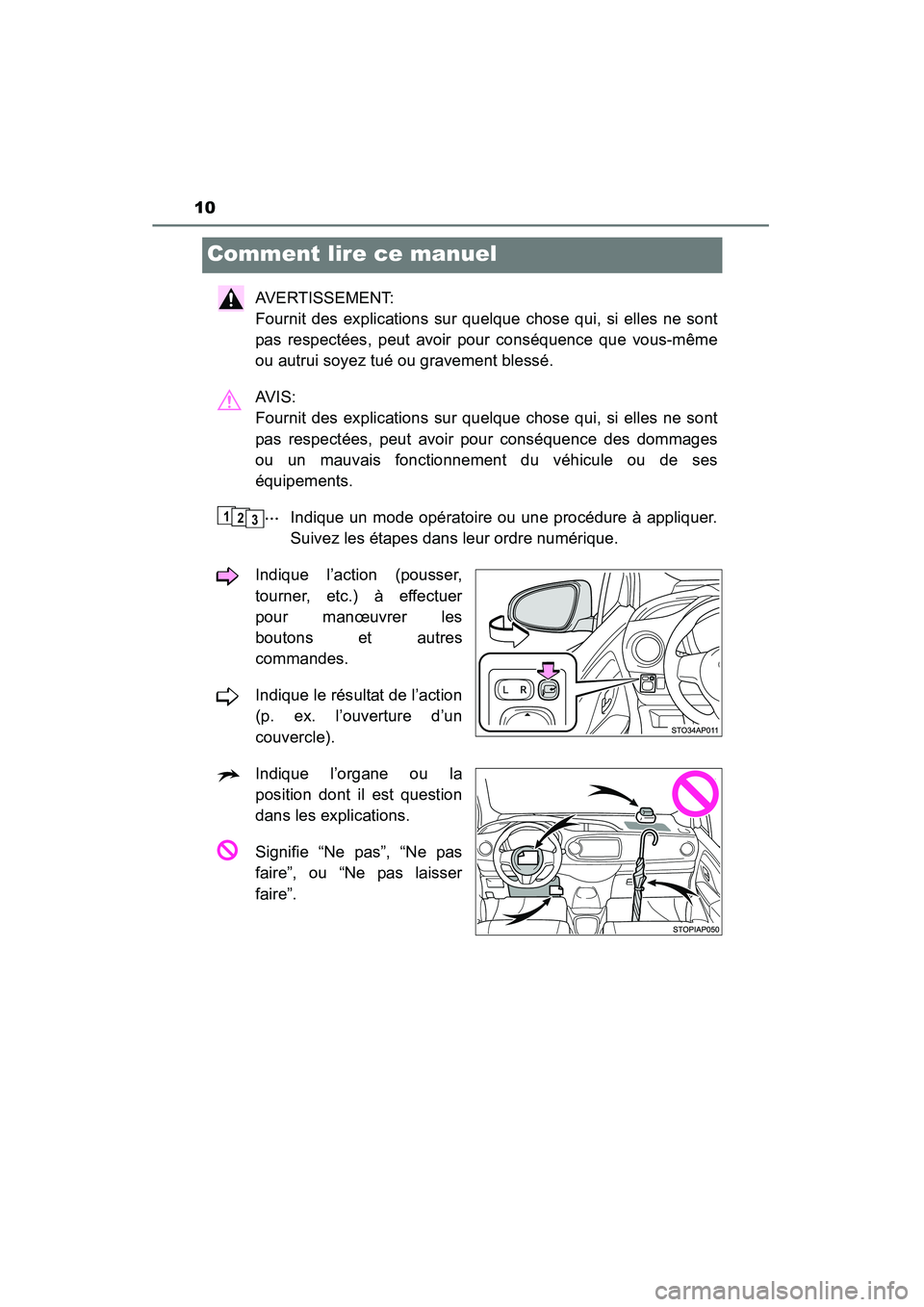 TOYOTA YARIS HATCHBACK 2015 Manuel du propriétaire (in French) 10
YARIS_F_D_52D51D
Comment lire ce manuel
AVERTISSEMENT:
Fournit des explications sur quelque chose qui, si elles ne sont
pas respectées, peut avoir pour conséquence que vous-même
ou autrui soyez TOYOTA YARIS HATCHBACK 2015 Manuel du propriétaire (in French) 10
YARIS_F_D_52D51D
Comment lire ce manuel
AVERTISSEMENT:
Fournit des explications sur quelque chose qui, si elles ne sont
pas respectées, peut avoir pour conséquence que vous-même
ou autrui soyez