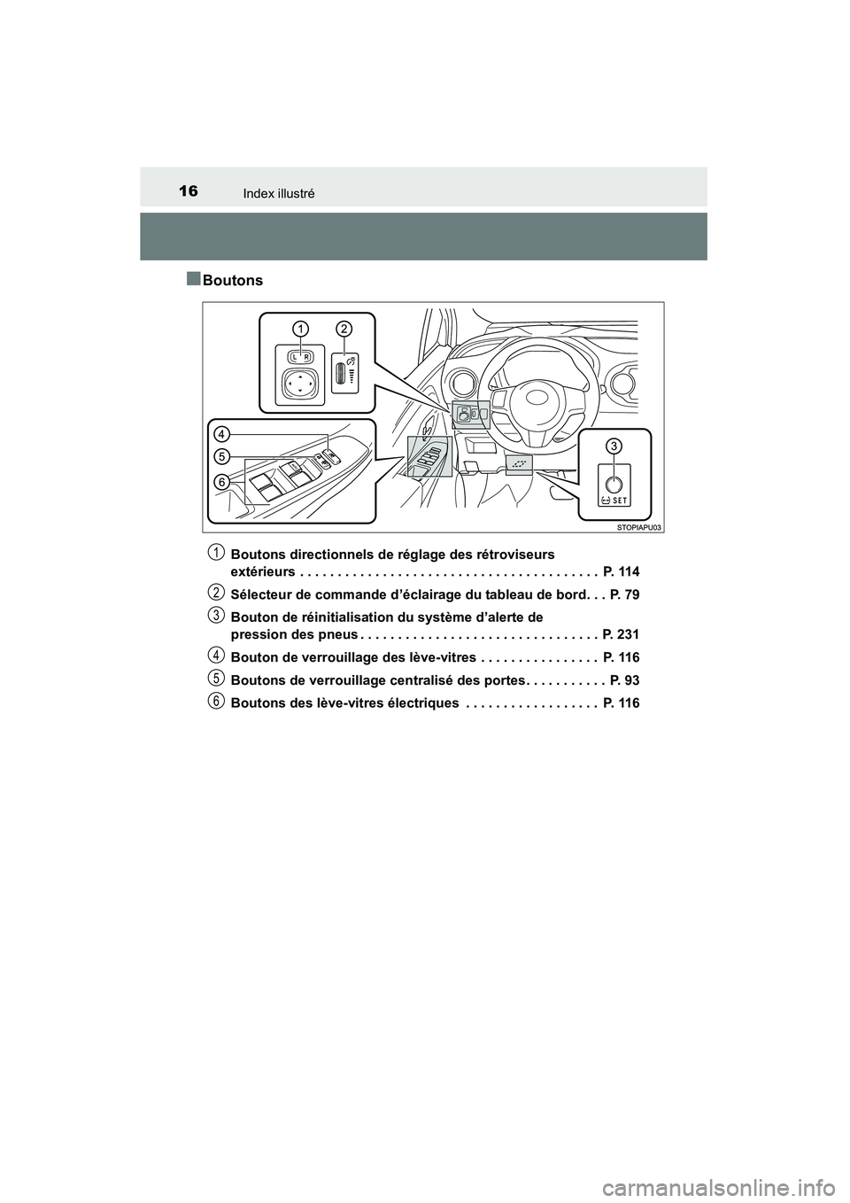 TOYOTA YARIS HATCHBACK 2015 Manuel du propriétaire (in French) 16Index illustré
YARIS_F_D_52D51D
■Boutons
Boutons directionnels de réglage des rétroviseurs
extérieurs . . . . . . . . . . . . . . . . . . . . . . . . . . . . . . . . . . . . . . . . P. 114
S TOYOTA YARIS HATCHBACK 2015 Manuel du propriétaire (in French) 16Index illustré
YARIS_F_D_52D51D
■Boutons
Boutons directionnels de réglage des rétroviseurs
extérieurs . . . . . . . . . . . . . . . . . . . . . . . . . . . . . . . . . . . . . . . . P. 114
S