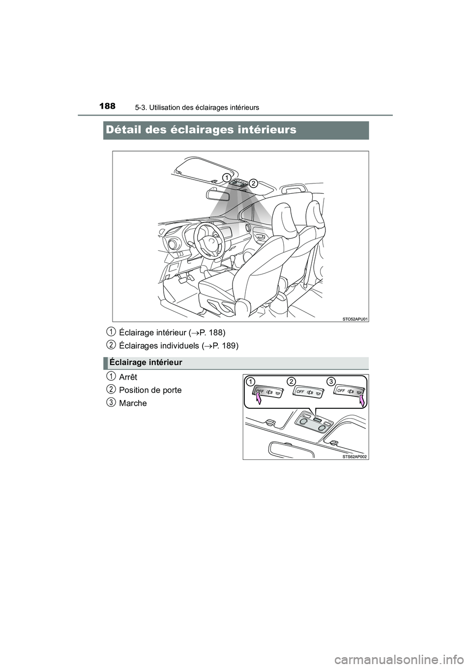 TOYOTA YARIS HATCHBACK 2015  Manuel du propriétaire (in French) 1885-3. Utilisation des éclairages intérieurs
YARIS_F_D_52D51D
Détail des éclairages intérieurs
Arrêt
Position de porte
Marche
Éclairage intérieur (→P. 188)
Éclairages individuels ( →P. 1