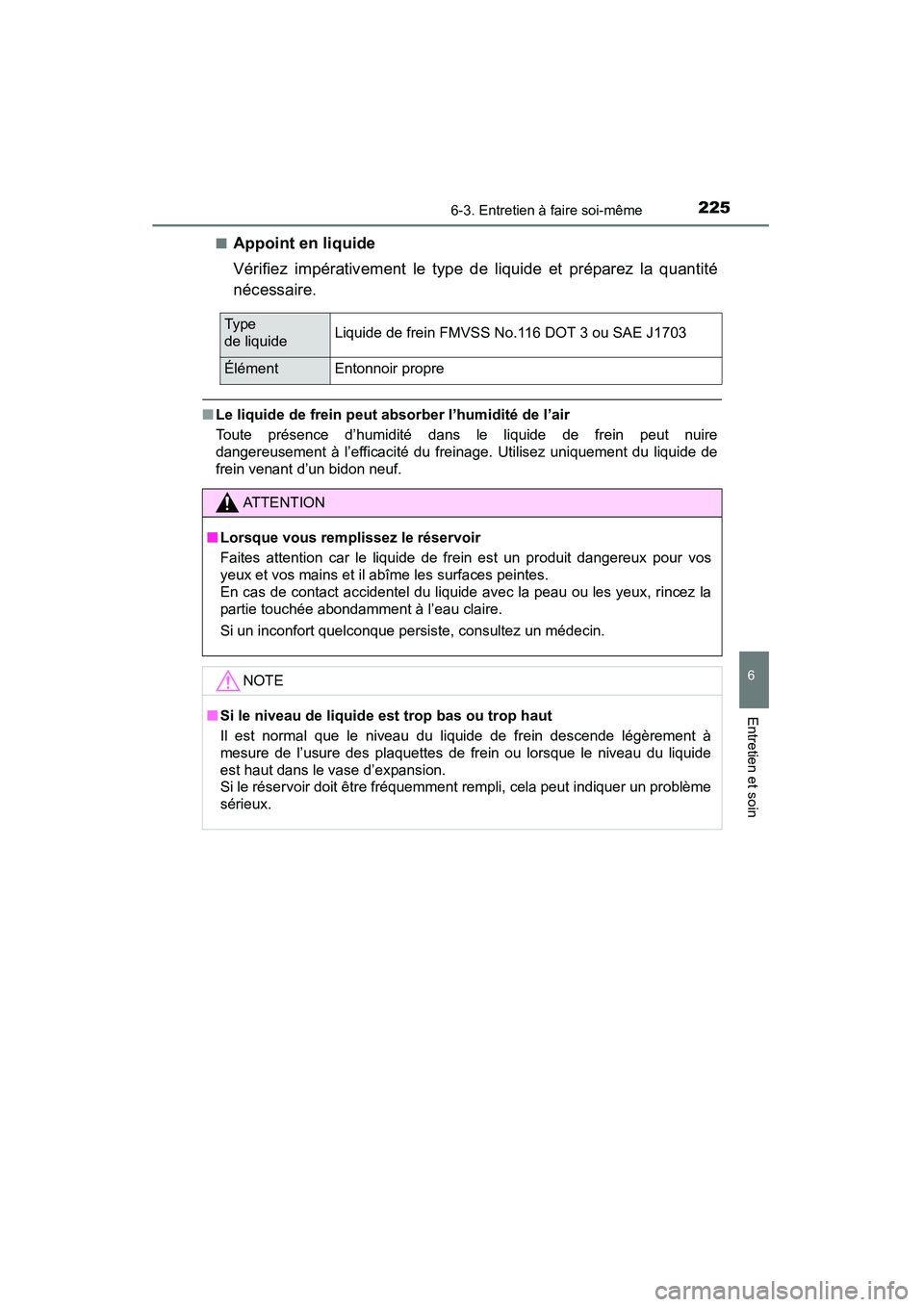 TOYOTA YARIS HATCHBACK 2015  Manuel du propriétaire (in French) 2256-3. Entretien à faire soi-même
6
Entretien et soin
YARIS_F_D_52D51D■
Appoint en liquide
Vérifiez impérativement le type de liquide et préparez la quantité
nécessaire.
■
Le liquide de fr