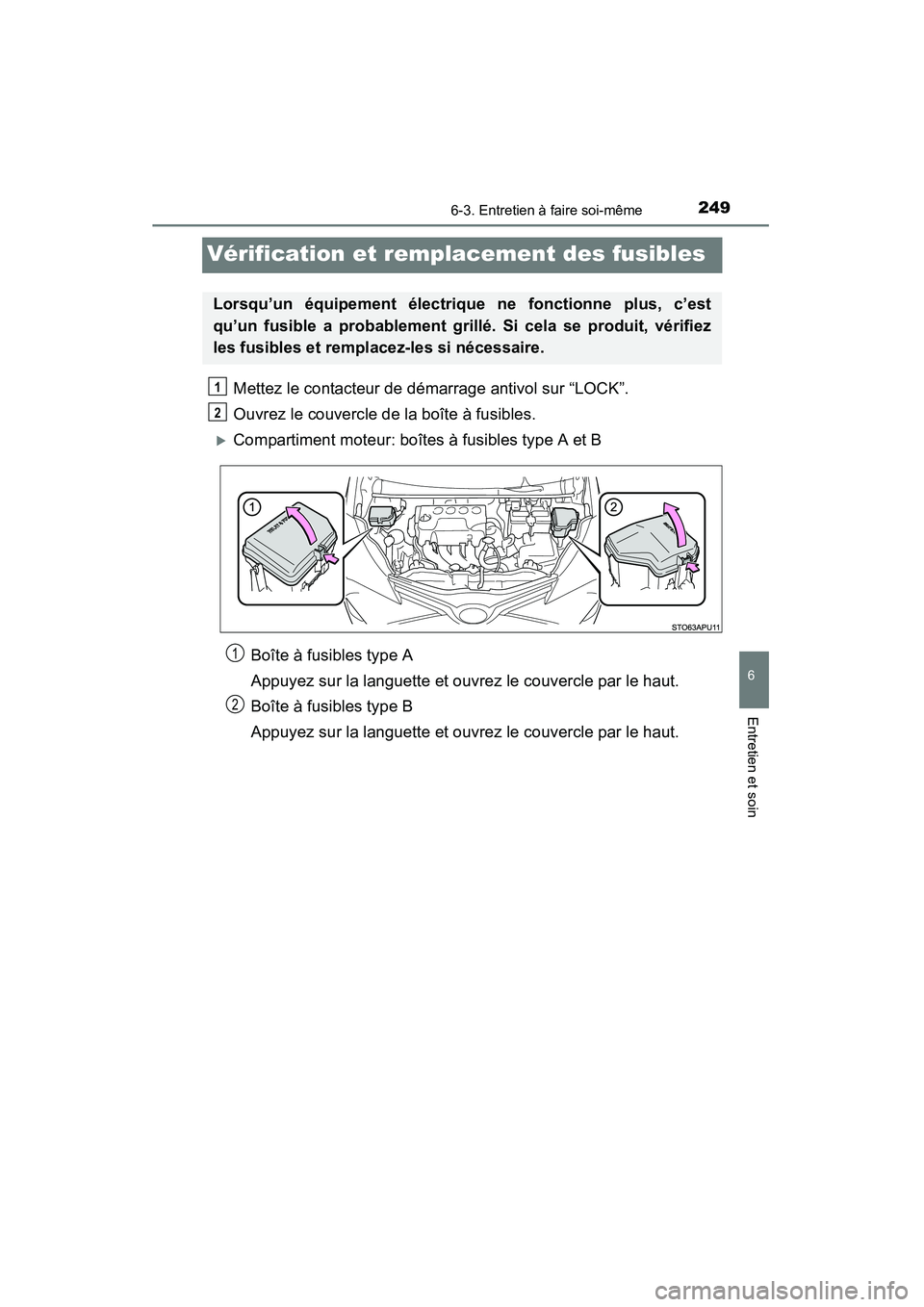TOYOTA YARIS HATCHBACK 2015  Manuel du propriétaire (in French) 2496-3. Entretien à faire soi-même
6
Entretien et soin
YARIS_F_D_52D51D
Vérification et remplacement des fusibles
Mettez le contacteur de démarrage antivol sur “LOCK”.
Ouvrez le couvercle de l