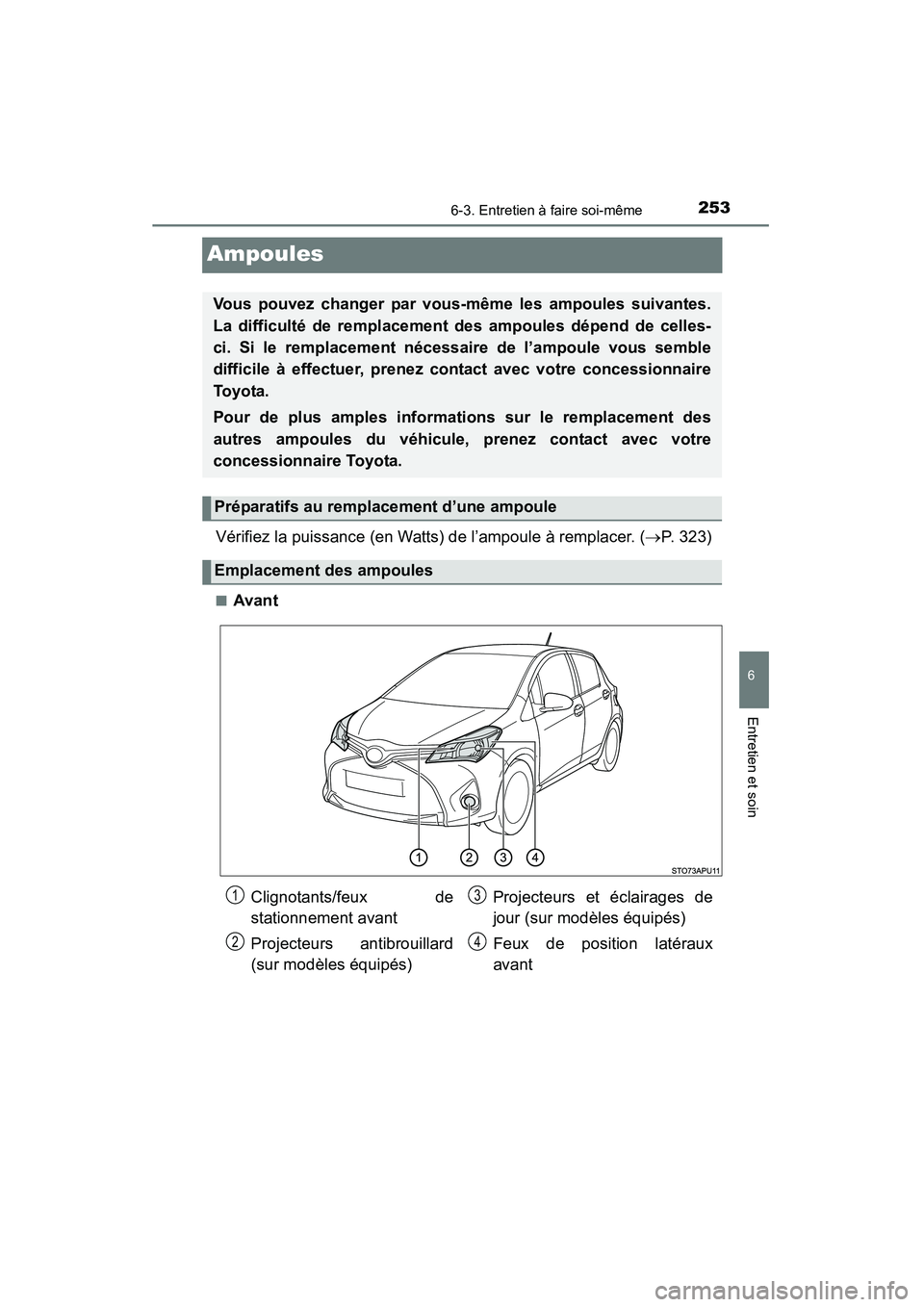 TOYOTA YARIS HATCHBACK 2015  Manuel du propriétaire (in French) 2536-3. Entretien à faire soi-même
6
Entretien et soin
YARIS_F_D_52D51D
Ampoules
Vérifiez la puissance (en Watts) de l’ampoule à remplacer. (→P. 323)
■Avant
Vous pouvez changer par vous-mêm